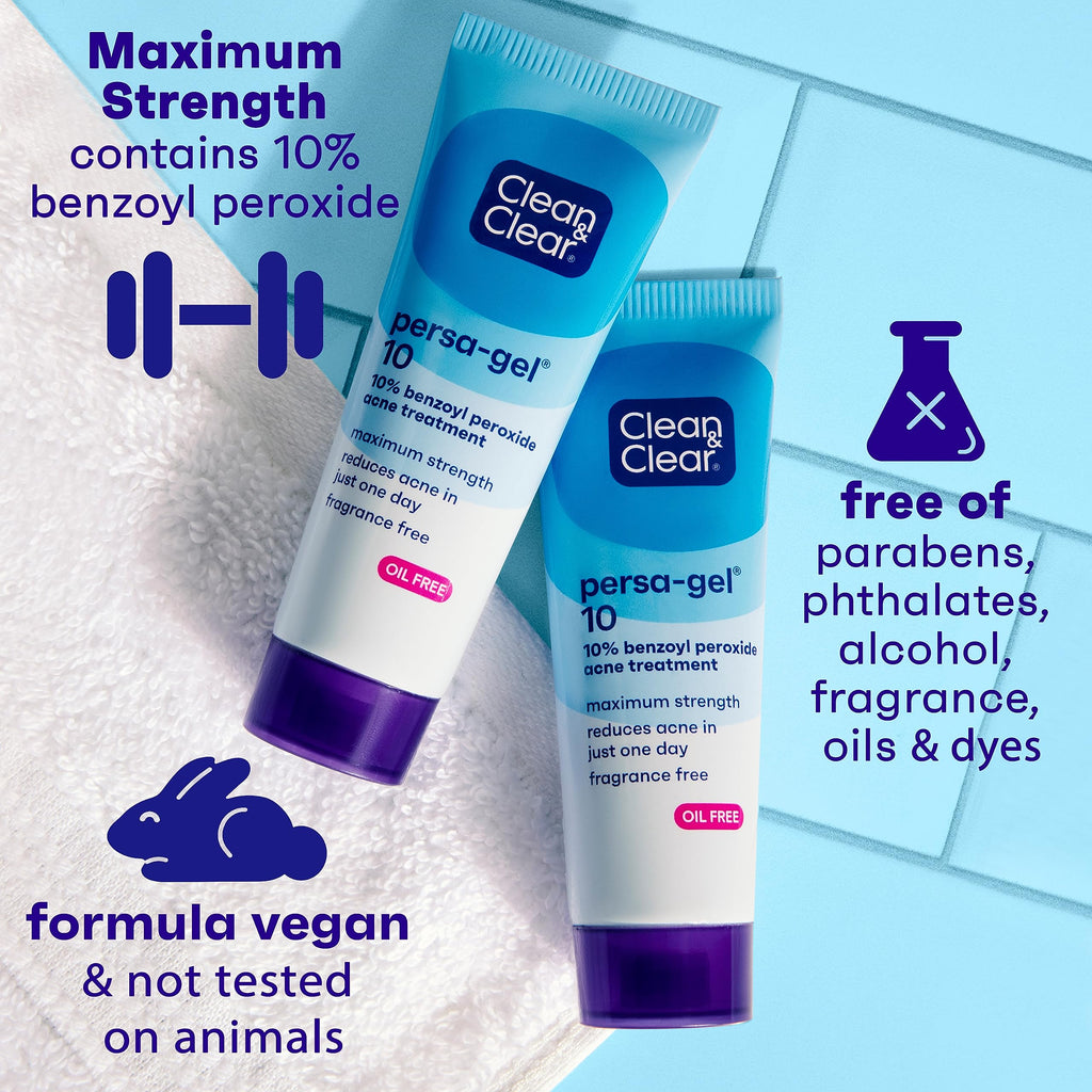 Clean & Clear Persa-Gel 10 Oil-Free Acne Spot Treatment with Maximum Strength 10% Benzoyl Peroxide, Topical Pimple