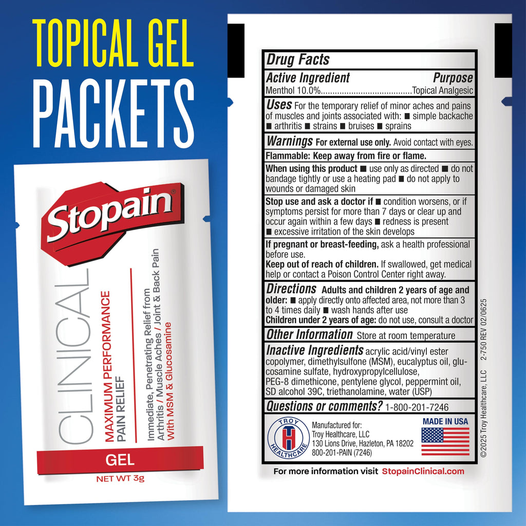 Stopain Pain Relief Clinical Gel Packets, Made in USA, Maximum Performance Pain Relief with 10% Menthol Plus Glucosamine for Muscle Aches, Joint Pain, and Arthritis (100 Pack) Stopain Au supplements