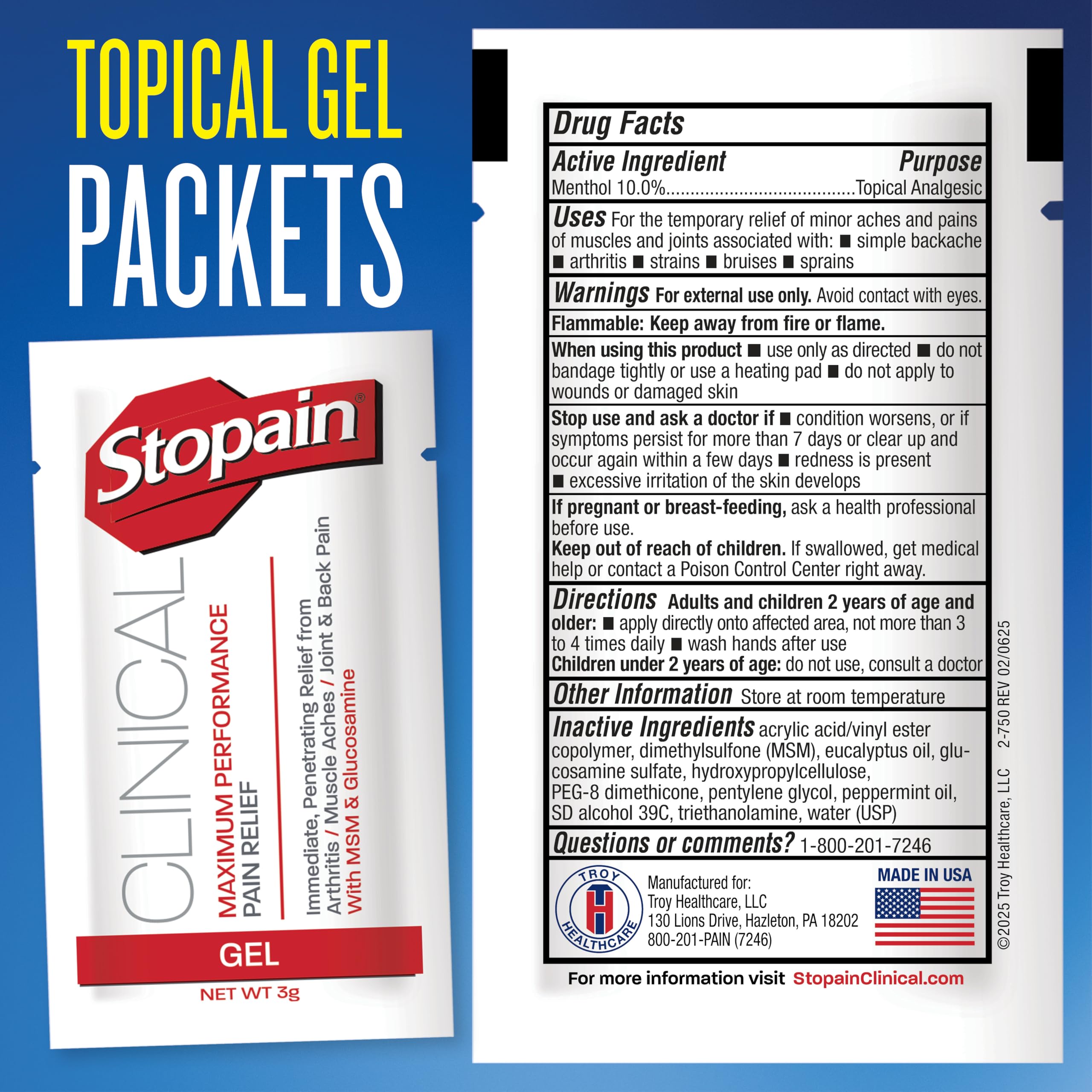 Stopain Pain Relief Clinical Gel Packets, Made in USA, Maximum Performance Pain Relief with 10% Menthol Plus Glucosamine for Muscle Aches, Joint Pain, and Arthritis (100 Pack) Stopain Au supplements