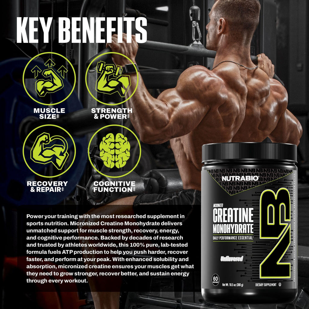 NutraBio Pure Micronized Creatine Monohydrate Powder Supplement, Unflavored, (300 g) - Supports Bulk Muscle Energy, Recovery, and Strength - HPLC Tested Creatine
