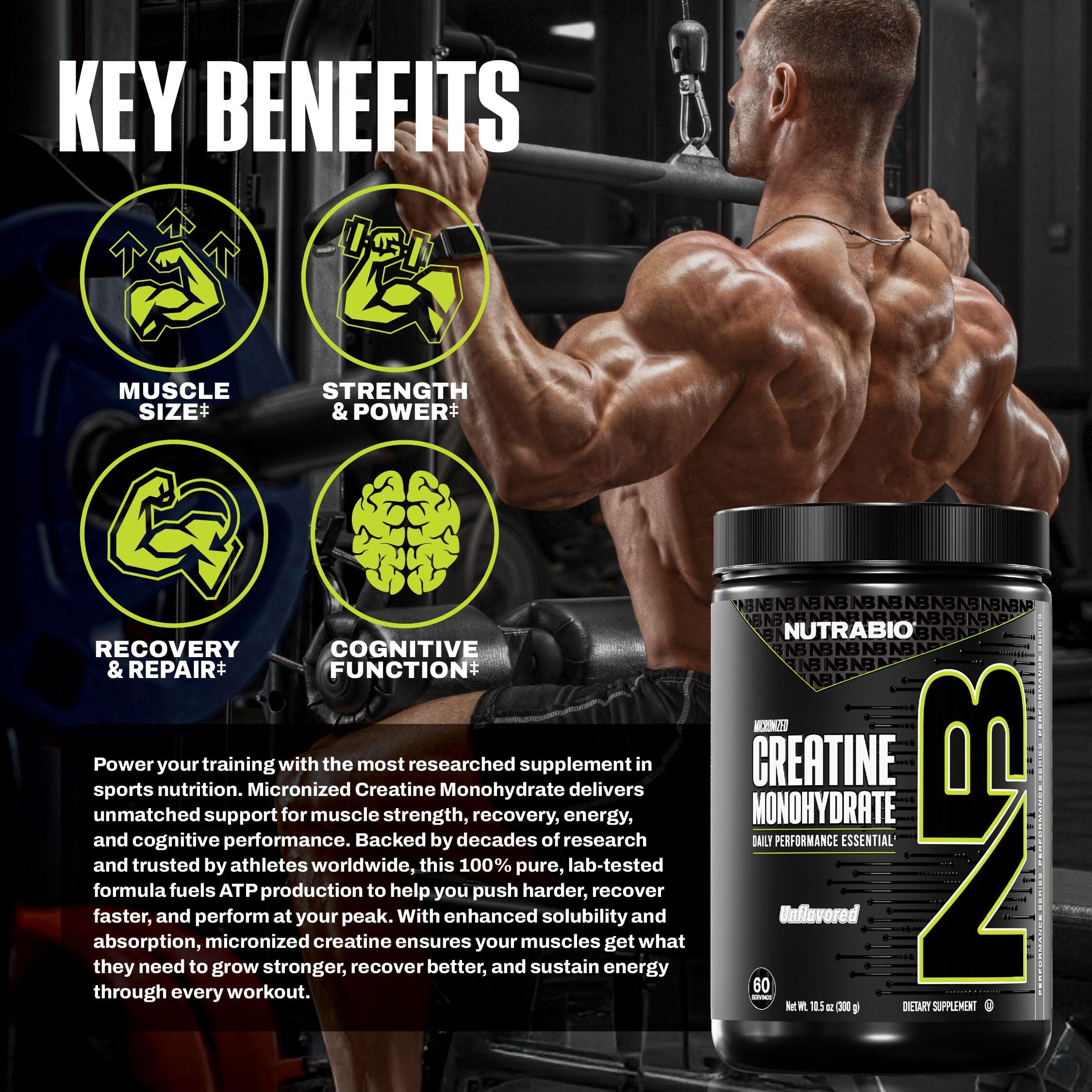 NutraBio Pure Micronized Creatine Monohydrate Powder Supplement, Unflavored, (300 g) - Supports Bulk Muscle Energy, Recovery, and Strength - HPLC Tested Creatine