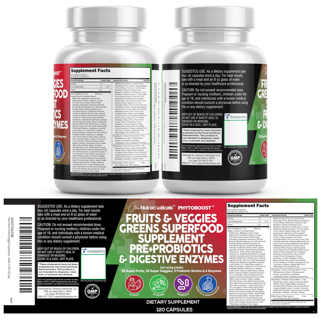 Clean Nutraceuticals Fruits and Veggies Supplement Reds & Green Superfood - Balance of Over 70 Fruit & Vegetable Supplements Capsules with Probiotics Prebiotics