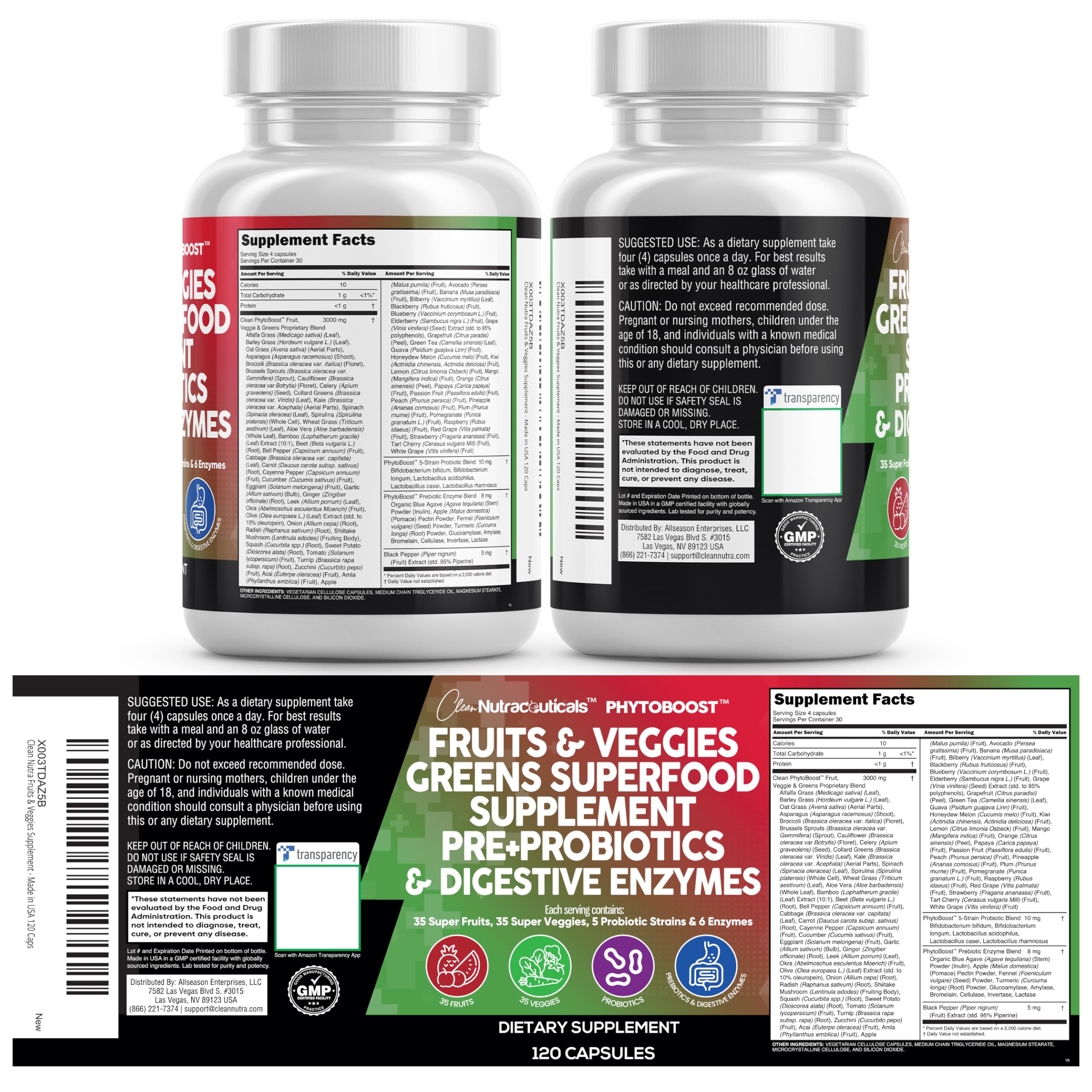 Clean Nutraceuticals Fruits and Veggies Supplement Reds & Green Superfood - Balance of Over 70 Fruit & Vegetable Supplements Capsules with Probiotics Prebiotics