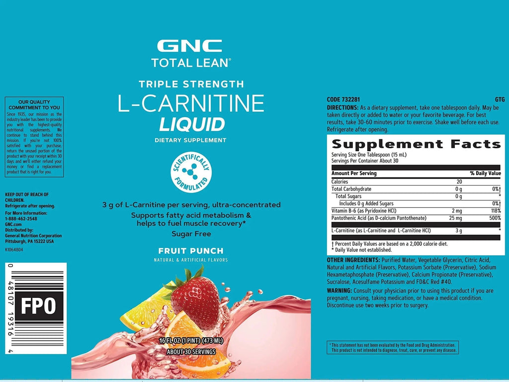 GNC Total Lean Triple Strength L-Carnitine Liquid | Supports Fatty Acid Metabolism GNC Au supplements