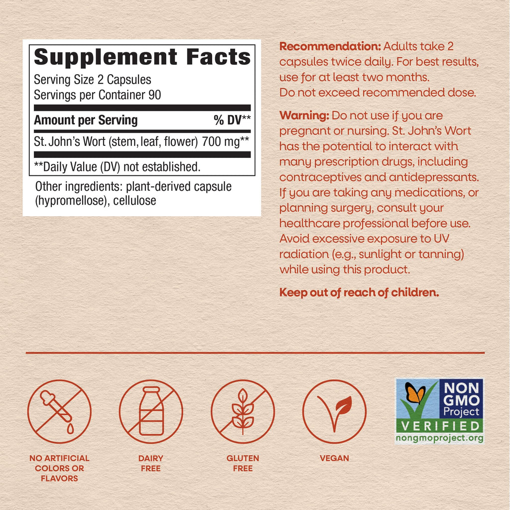 Nature’s Way St. John’s Wort Capsules, Herbal Supplement Promotes a Positive Outlook*, 700 mg per 2-capsule serving