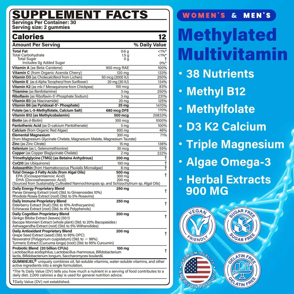 Methylated Multivitamin for Women & Men Gummies w/ Omega-3, Calcium, D3 K2, Methylfolate & B12, TMG, Daily Vitamin A, C, E, B Complex, Magnesium, CoQ10 NEVISS Au supplements