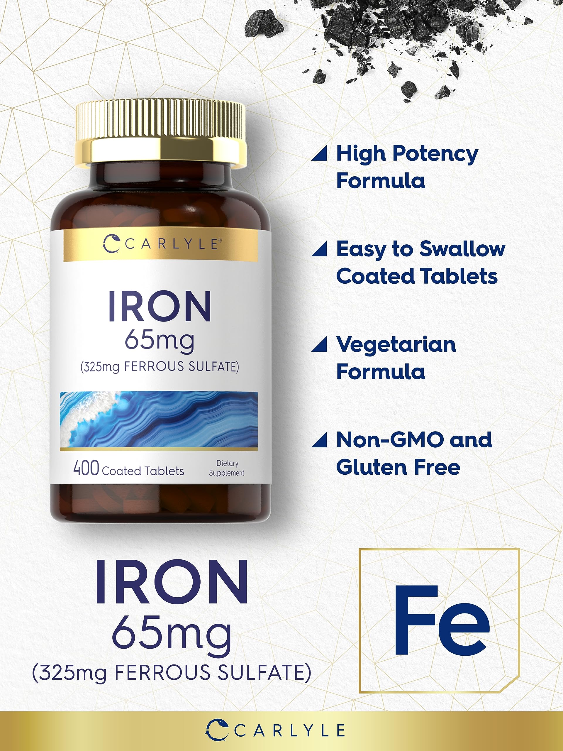 Carlyle Iron Ferrous Sulfate 325mg, 65 mg | 400 Tablets | Non-GMO, Gluten Free, and Vegetarian Supplement | High Potency
