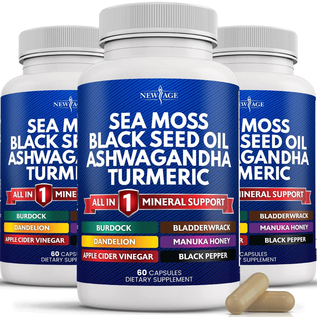 Silica Sea Moss 3000mg Black Seed Oil 2000mg Ashwagandha 1000mg Turmeric 1000mg NEW AGE Au supplements