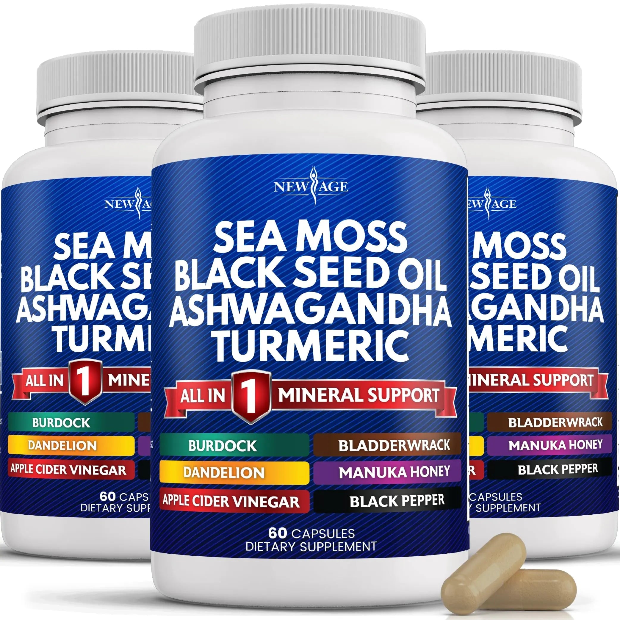 Silica Sea Moss 3000mg Black Seed Oil 2000mg Ashwagandha 1000mg Turmeric 1000mg NEW AGE Au supplements