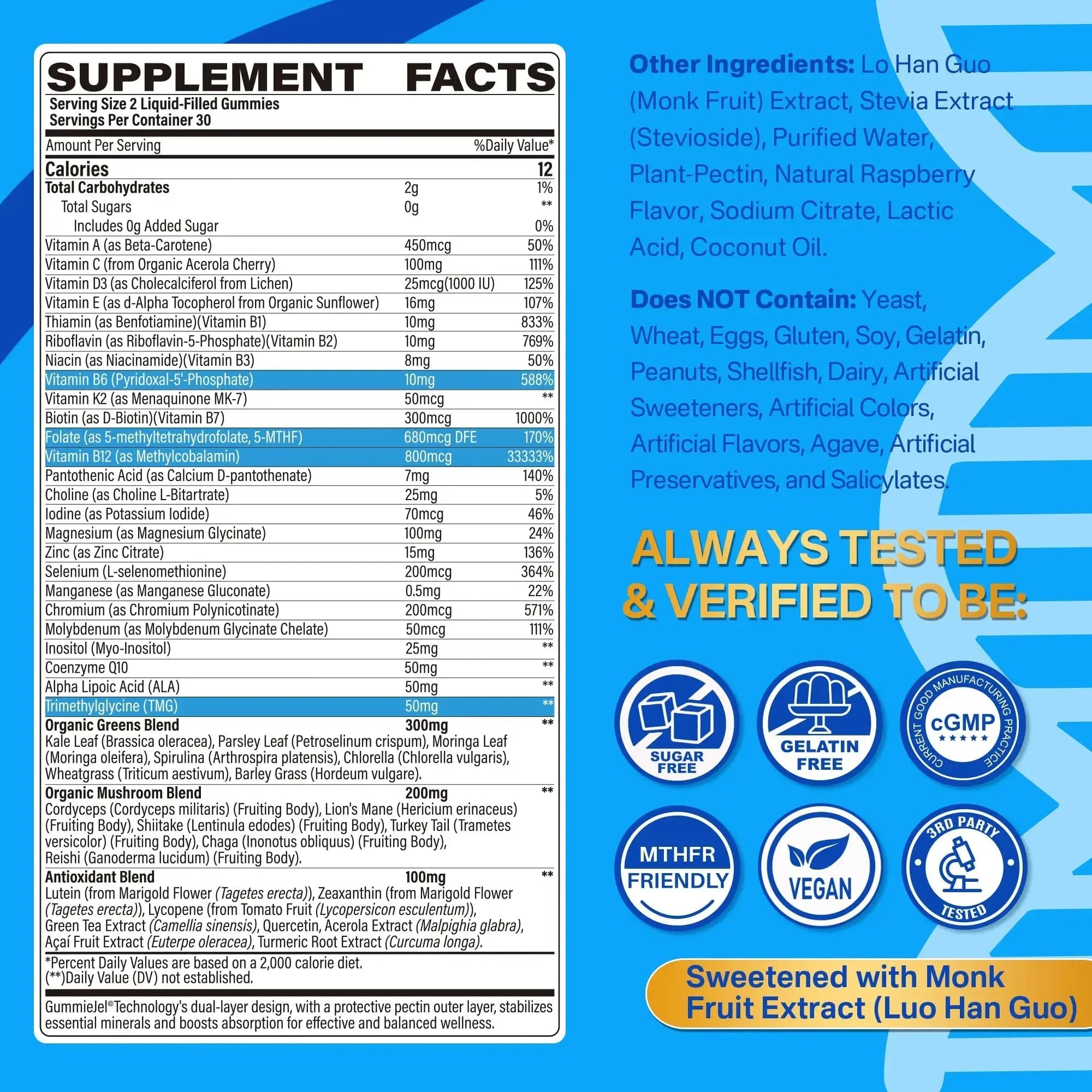 Methylated Multivitamin for Men & Women Gummies + Greens & Mushroom Blend, Methylfolate & B12, TMG, Choline LILICARE Au supplements