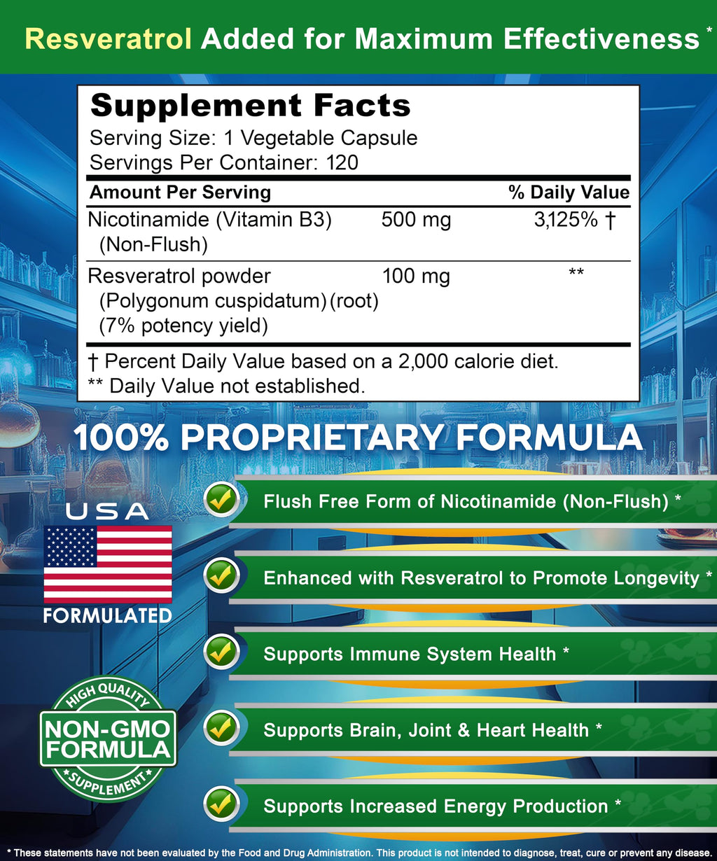 aSquared Nutrition Nicotinamide with Resveratrol - 120 Veggie Capsules - Vitamin B3 500mg (Niacinamide Flush Free) - Supplement Pills to Support NAD, Skin Cell Health & Energy aSquared Nutrition Au supplements