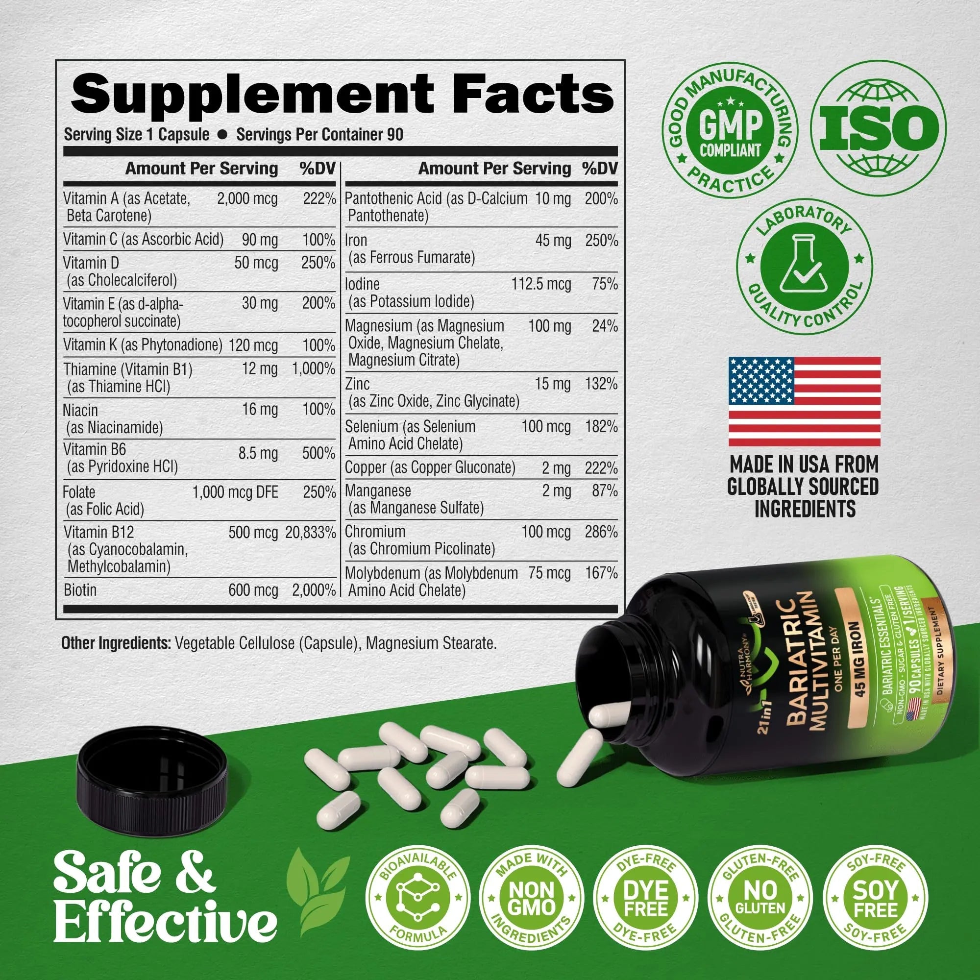 Bariatric Multivitamin - 45 mg Iron Supplements - Made in USA - for Women & Men - All-in-One, 21 Essential Vitamins - Gastric Sleeve Support NUTRAHARMONY Au supplements