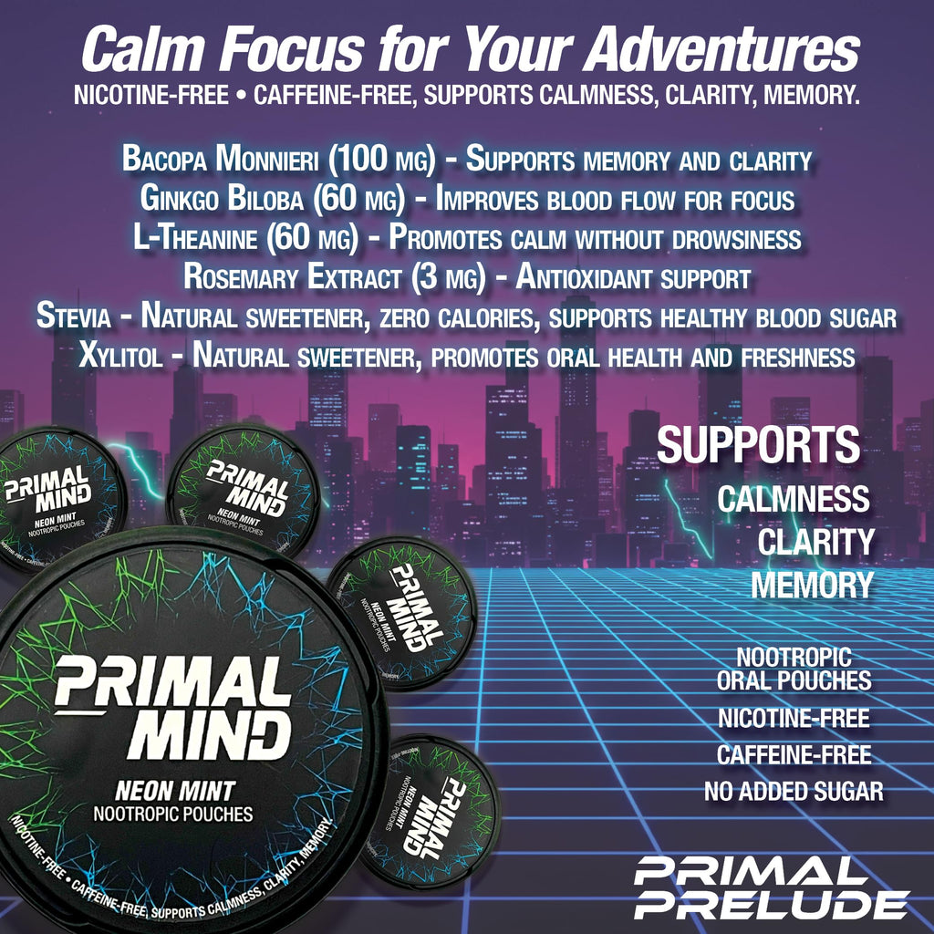 Nootropic Pouches - Primal Mind Caffeine Free Nootropics Pouches Made with Ginkgo Biloba & L-Theanine - Nicotine Free Brain Boost, No Sugar, Cognitive Support – 20 Pouches Per Can, 5 Pack (Neon Mint) Primal Prelude Au supplements