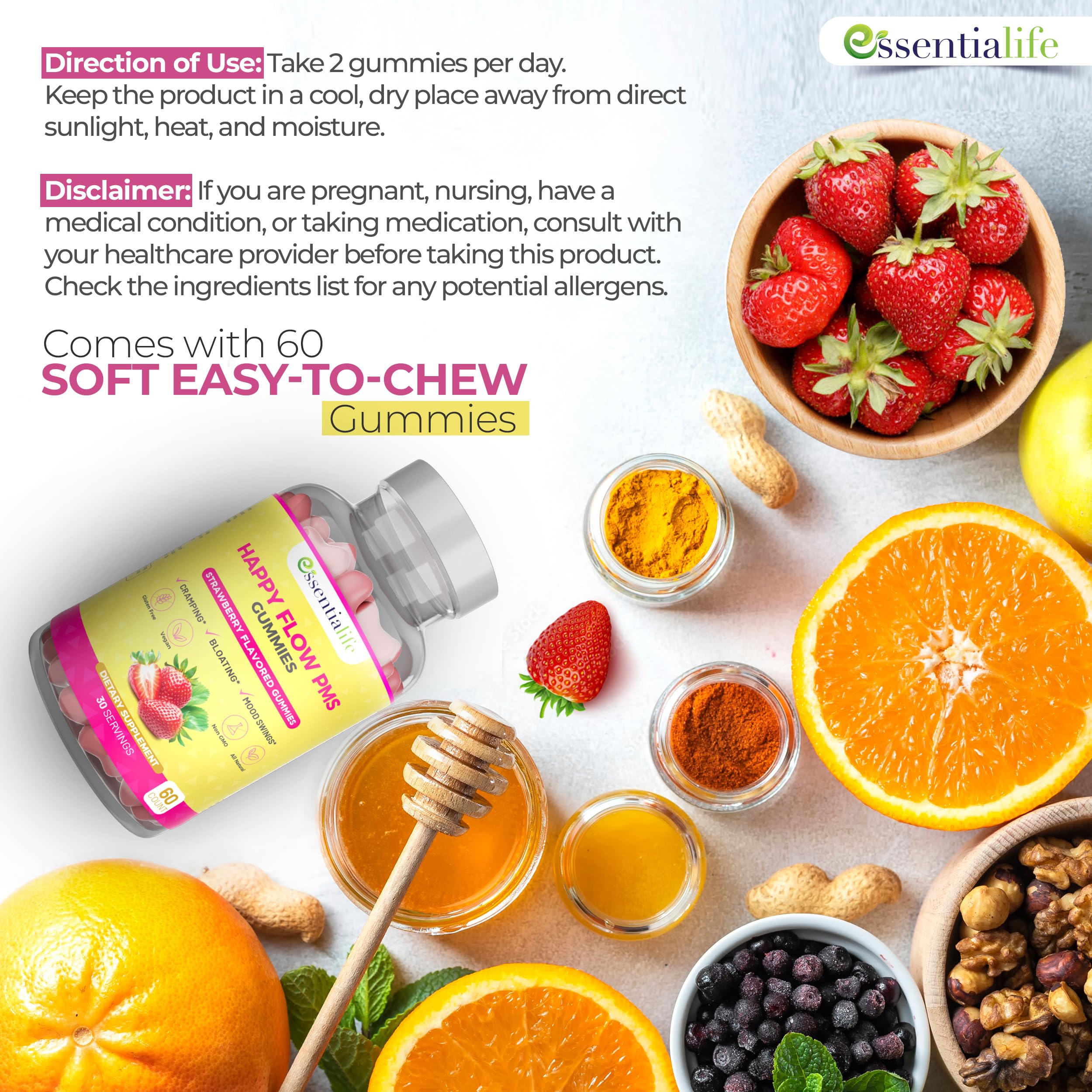 PMS Gummies - Happy Flow PMS Support Supplement for Women - Strawberry PMS Relief Supplement with Vitamin B6 for Hormone Balance, Period Support, Cramps, Hormonal Acne & Bloating Relief (60 Count) Essentialife Au supplements