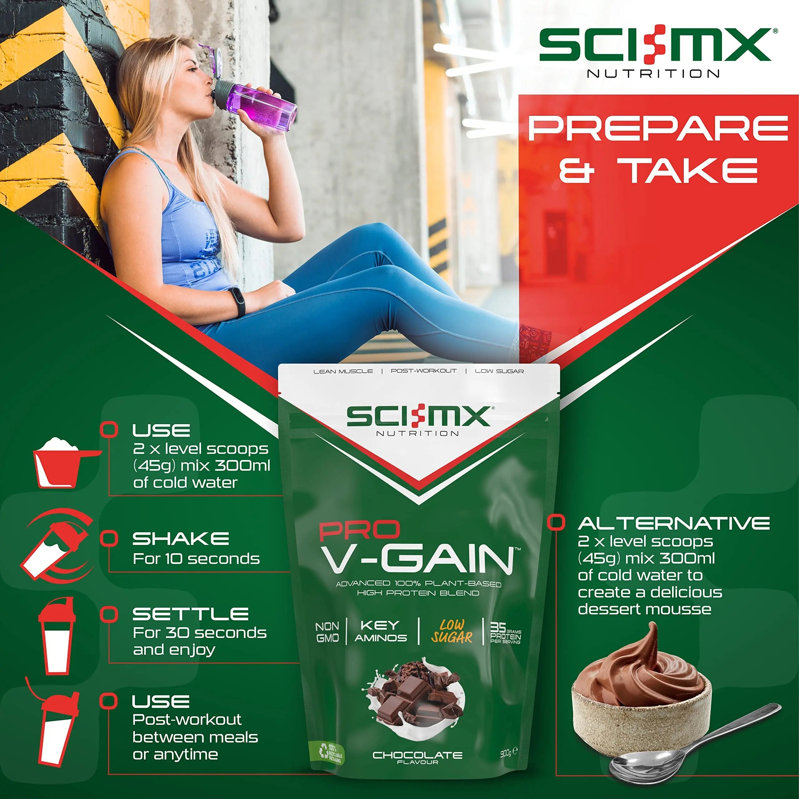 SCI-MX Pro V Gain 100% Plant Based Vegan Protein Formula With No Added Sugar - Chocolate Flavour - 900g - 20 SERVINGS SCI-MX Au supplements