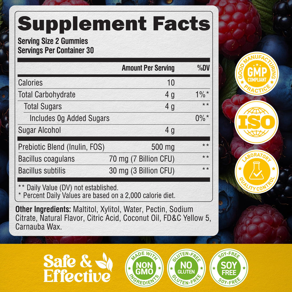 Probiotic Gummies 10B CFU with Prebiotic Fiber - Digestion & Immune Support - Debloat, Stomach & Gut Comfort - Probiotics for Women & Men - Natural Berry Flavor - Vegan & Sugar-free - 60 Gummies NUTRAHARMONY Au supplements