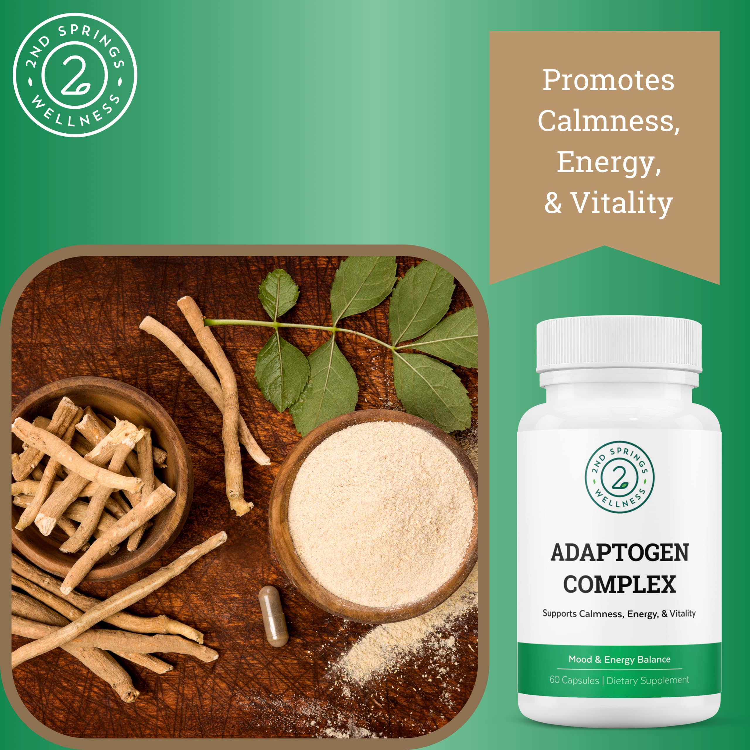 2nd Springs Adaptogen Complex Calmness, Energy and Vitality Booster - Ashwagandha, Schisandra, Astragalus, Ginseng, Rhodiola, and More - Adrenal Support Supplements - 60 Ct 2nd Springs Au supplements