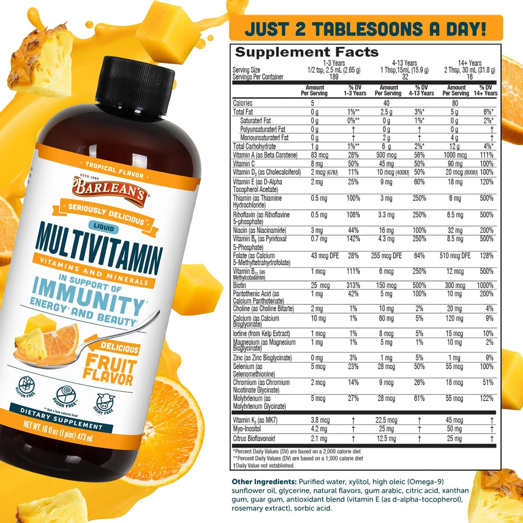 Barlean's Liquid Multivitamin for Women, Men & Kids, 21 Essential Vitamins & Minerals, Includes Biotin, B-Complex Barlean's Au supplements