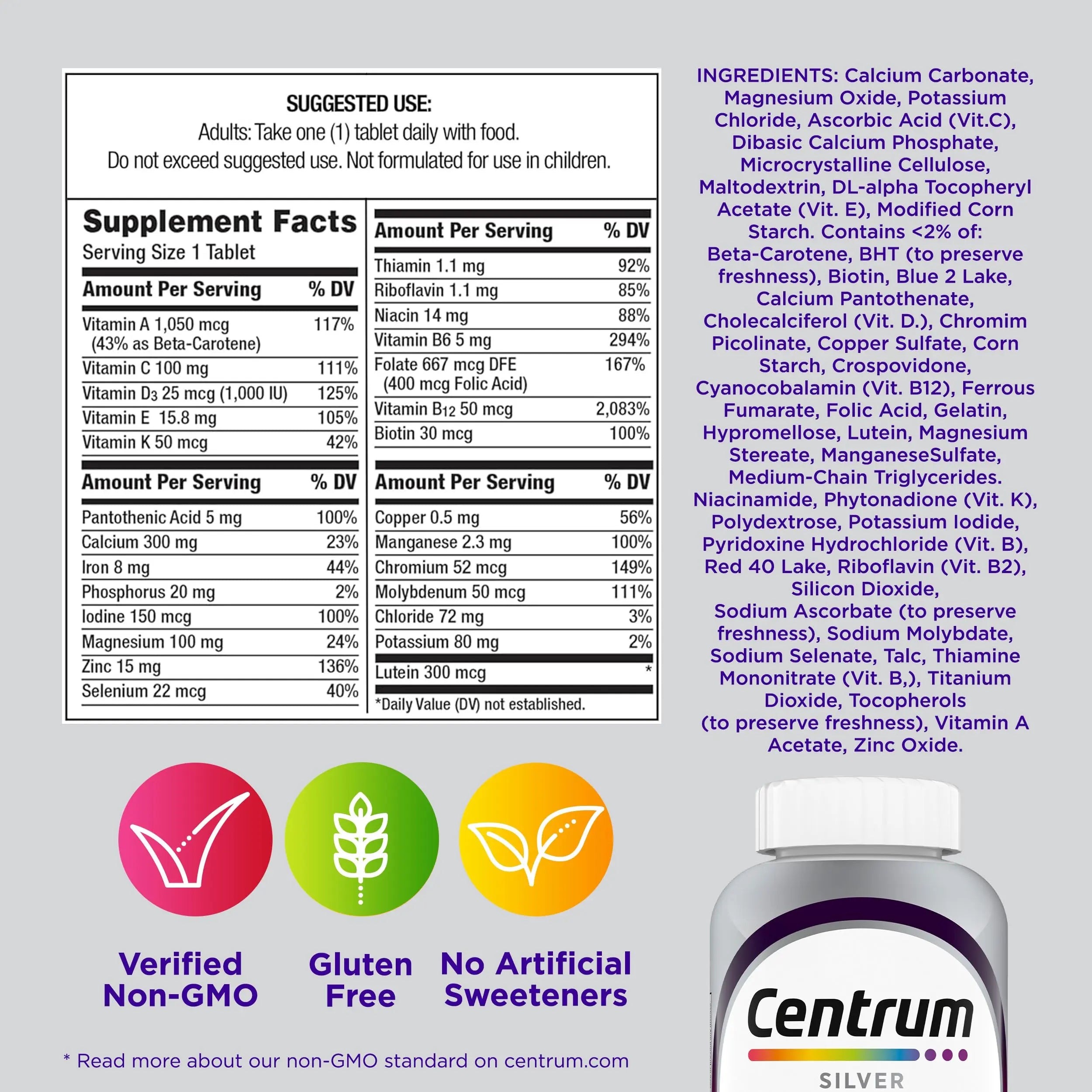 Centrum Silver Women's Multivitamin for Women 50 Plus, Multivitamin/Multimineral Supplement with Vitamin D3, B Vitamins, Non-GMO Ingredients Centrum Au supplements