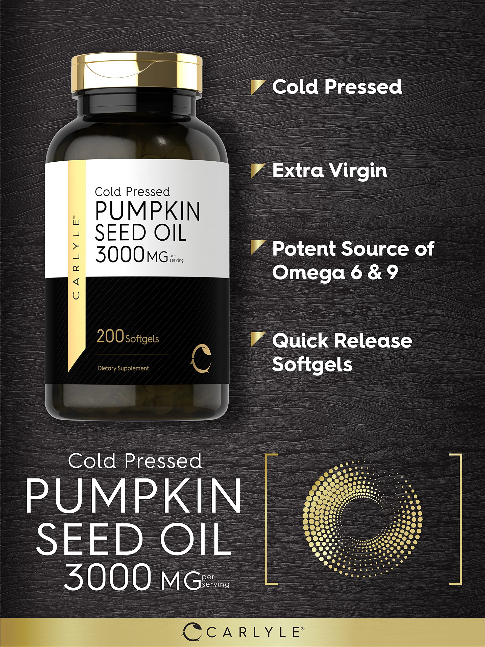 Carlyle Pumpkin Seed Oil Capsules | 3000mg | 200 Softgels | Essential Fatty Acids | Cold Pressed Dietary Supplement | Non-GMO and Gluten Free Formula