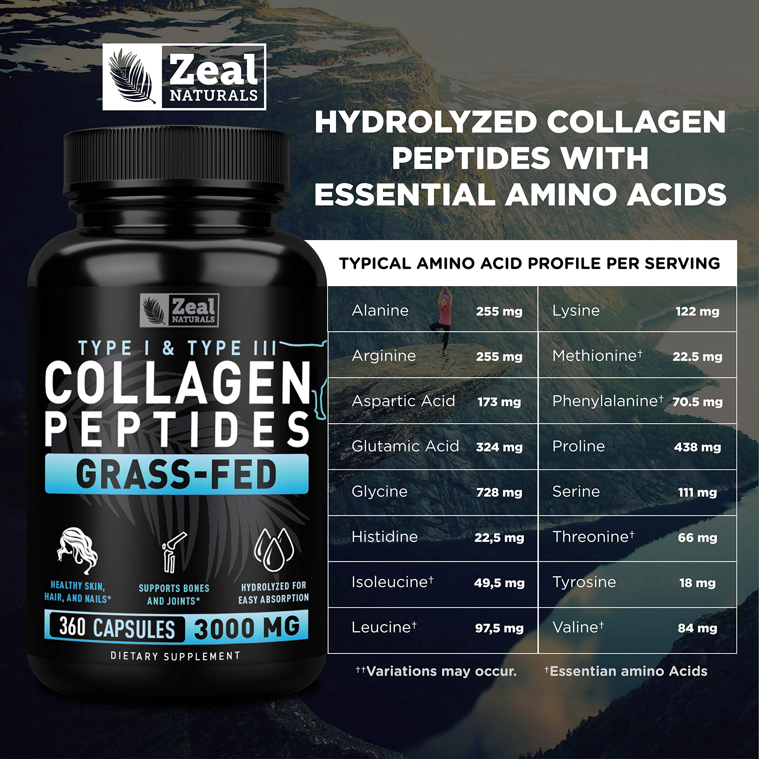Zeal Naturals Collagen Peptides Collagen Pills (360 Capsules) Grass Fed Collagen Pepetide Powder - Hydrolyzed Collagen Powder for JointTendon SupplementHair Skin and Nails - Zeal Naturals Au supplements