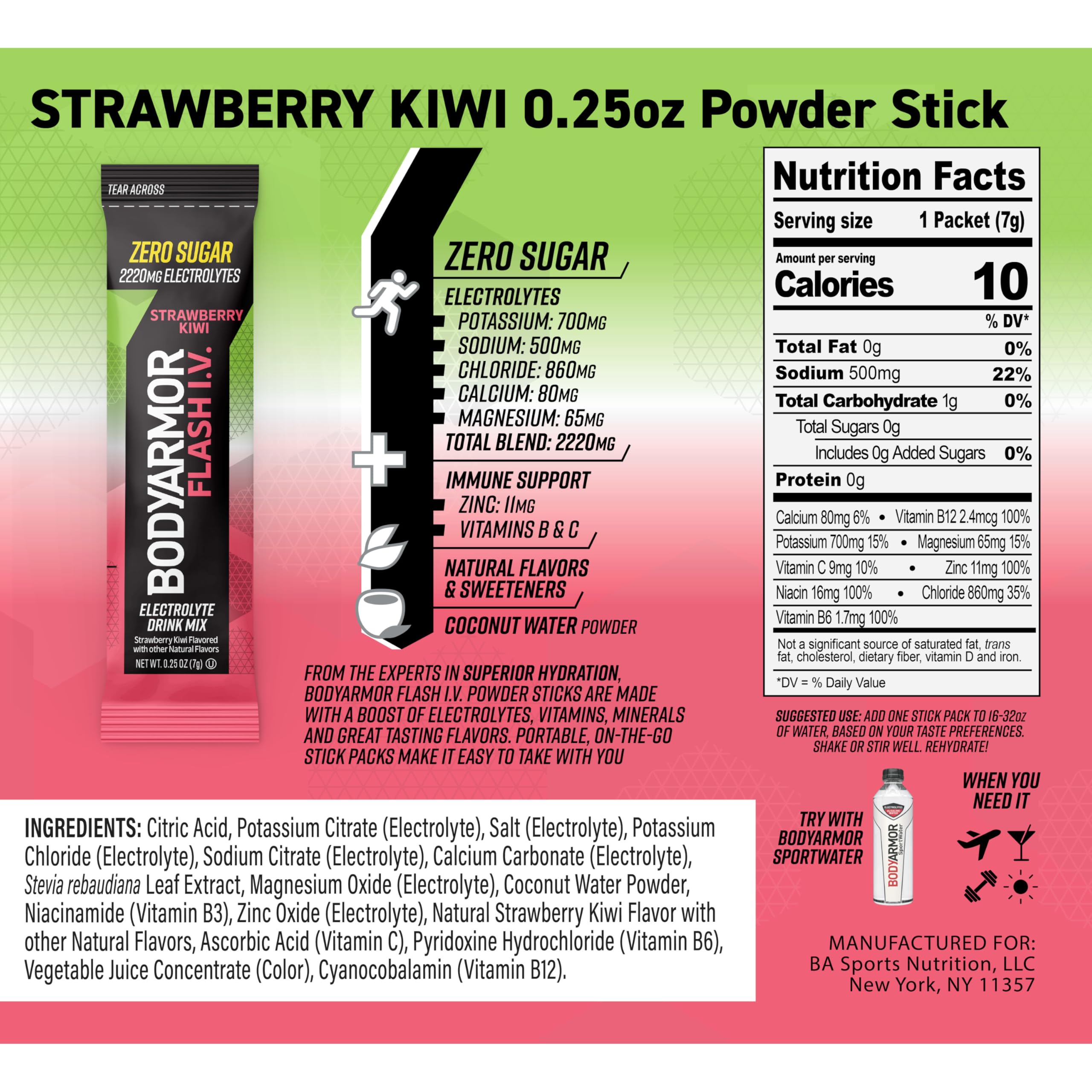 BODYARMOR Flash IV Electrolyte Packets, Strawberry Kiwi - Zero Sugar Drink Mix, Single Serve Packs, Coconut Water Powder (15 Count)