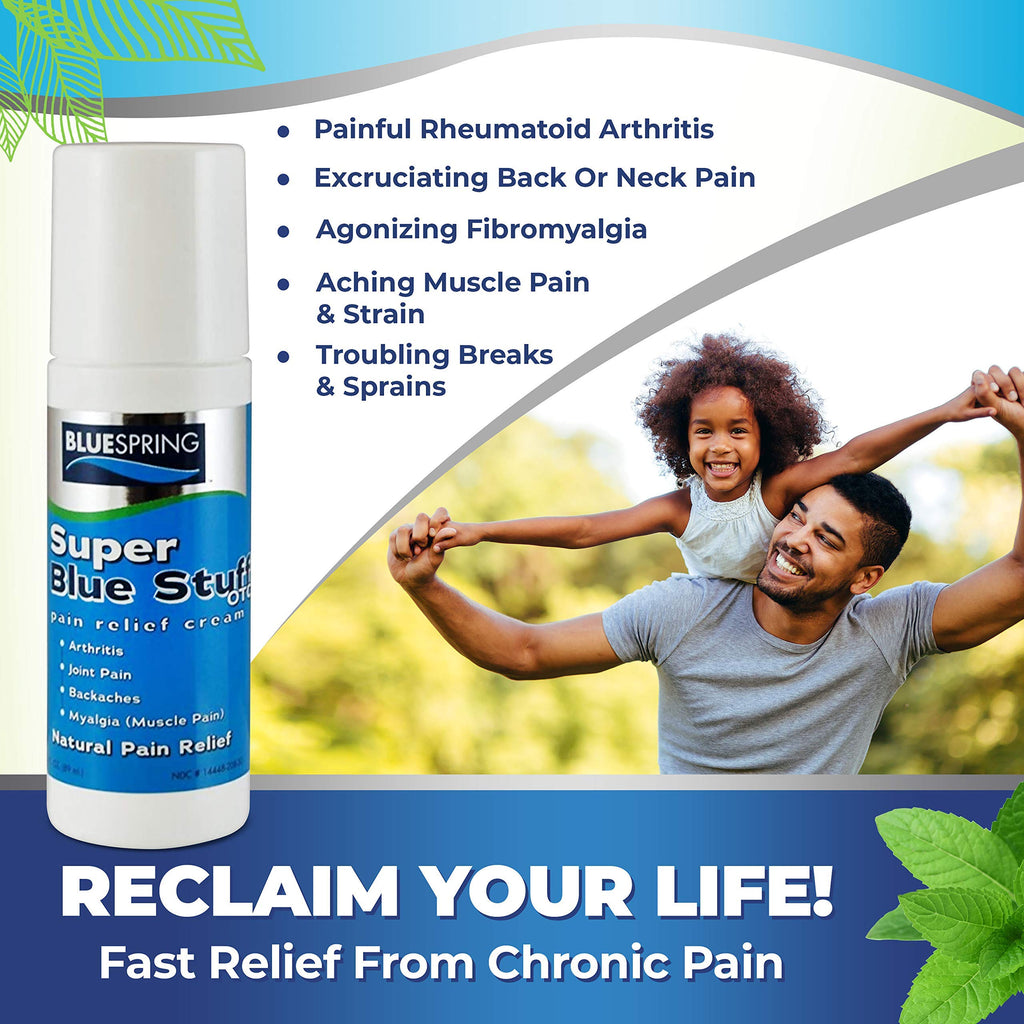 Super Blue Stuff Natural Pain Relief roll on with Emu Oil by BlueSpring- Pain relief rub Anti Inflammatory Analgesic Cream for Back, Knee, Joint, Muscle, Arthritis, and neck Pain Relief- 3 Oz roll-on. Emu Therapy Au supplements
