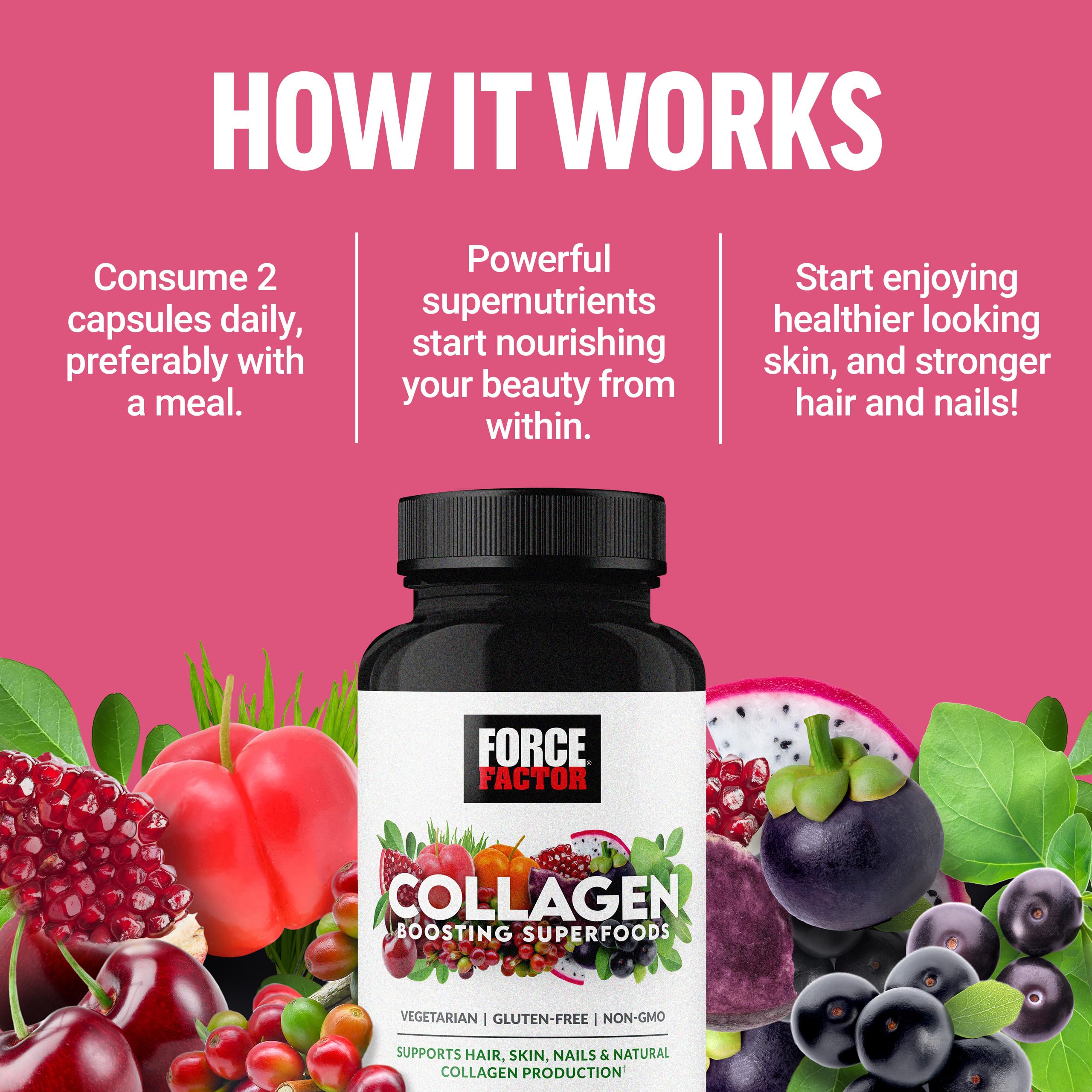 Force Factor Collagen Boosting Superfoods, Vegan Collagen Booster with Hyaluronic Acid, Biotin, Bamboo, Amino Acids & Vitamins for Hair, Skin, and Nails, Strengthener and Skin Supplement, 60 Capsules Force Factor Au supplements