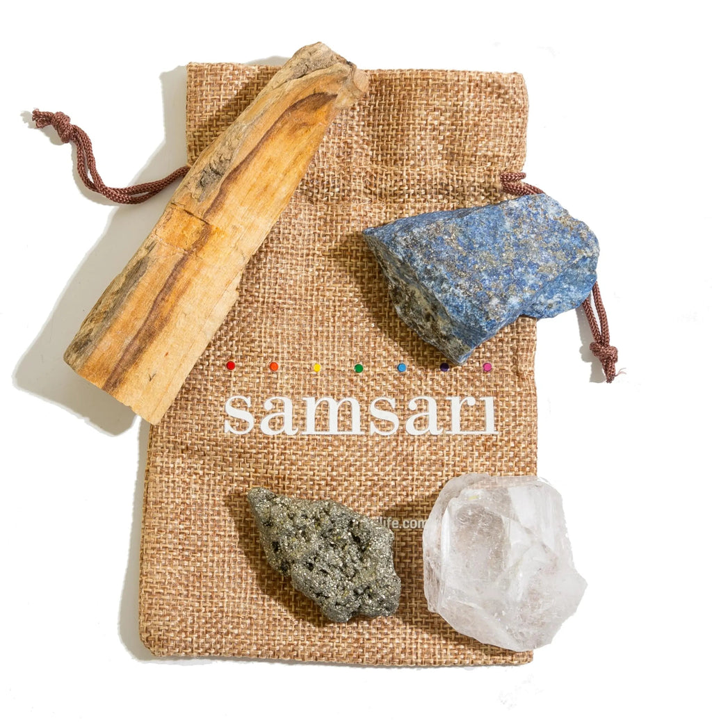 5PCS SAMSARI Abundance XL Crystals Healing Set - (Pyrite, Lapis Lazuli, Clear Quartz), 1 Palo Santo Stick SAMSARI Au supplements