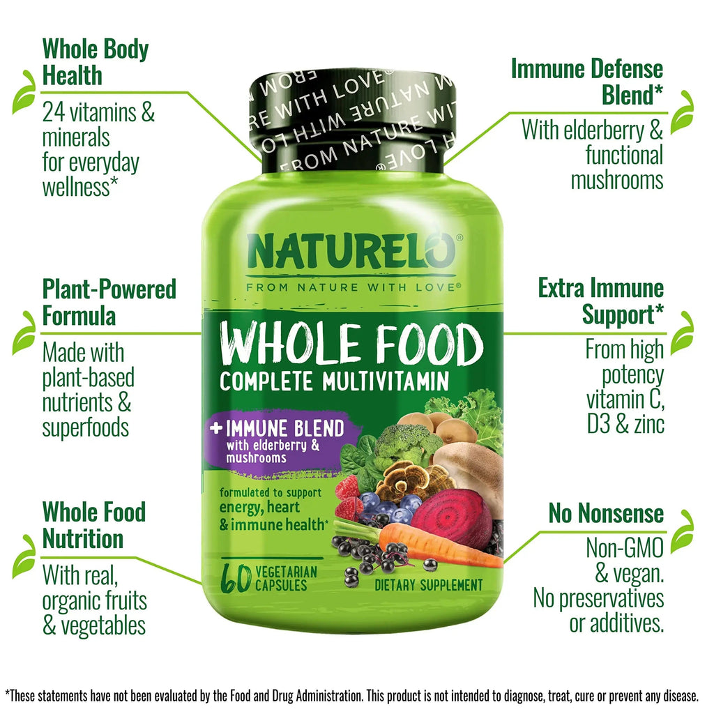 NATURELO Whole Food Multivitamin + Immune Blend with Elderberry & Mushrooms - Complete Multivitamin with Extra Immune Support NATURELO Au supplements