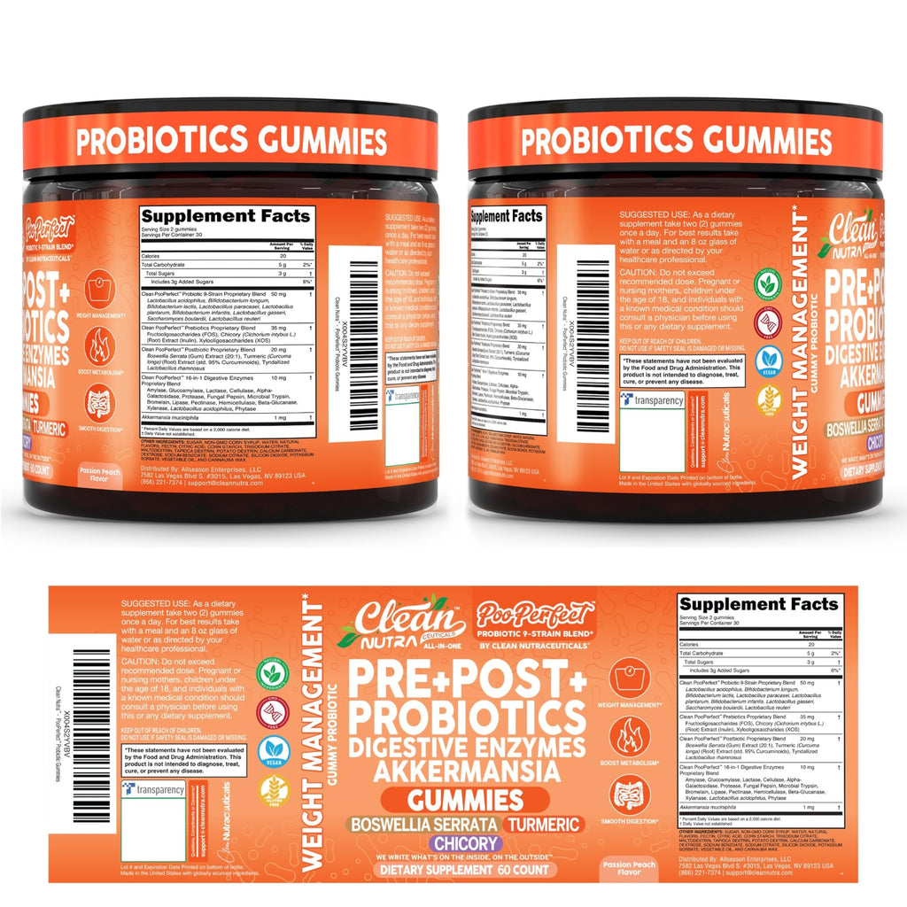 Clean Nutra Prebiotic Postbiotic Digestive Enzymes Gummies with Chicory Root, Boswellia Serrata, Turmeric, and Akkermansia | Pre+Post Probiotics Supplement
