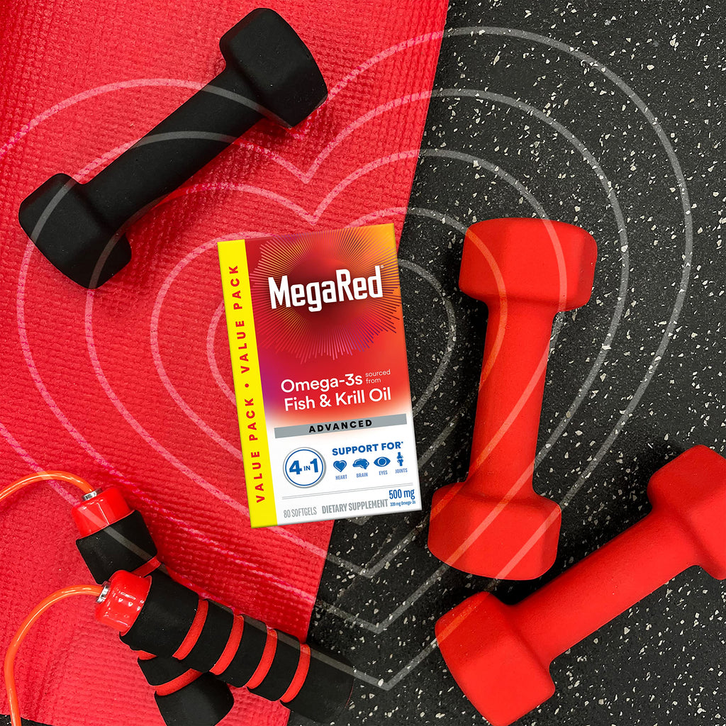 Megared Omega-3 Fish Oil + High Absorption Krill Oil 500mg Softgels, MegaRed Advanced 4in1 (80 count in a bottle) Concentrated Omega-3 Fish