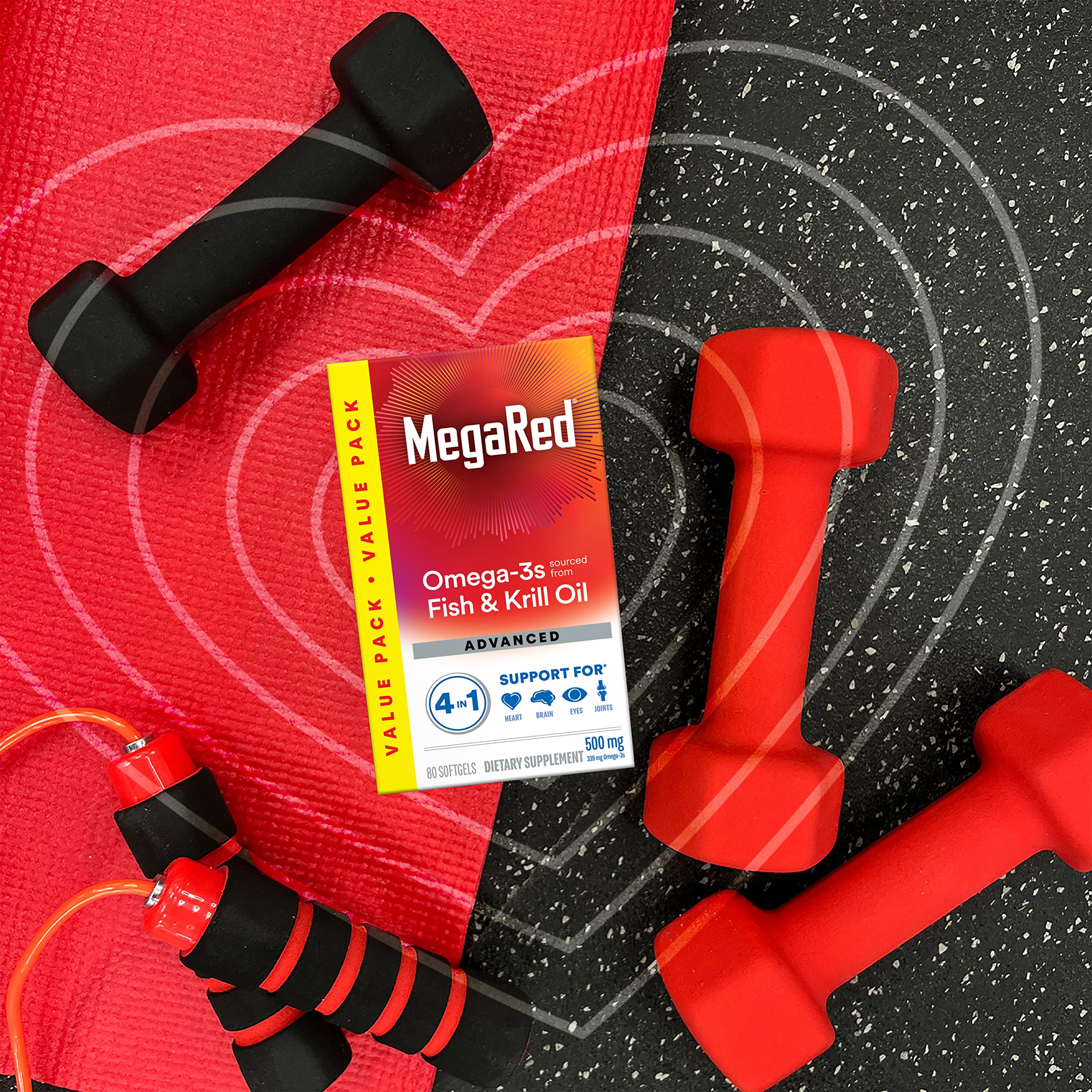 Megared Omega-3 Fish Oil + High Absorption Krill Oil 500mg Softgels, MegaRed Advanced 4in1 (80 count in a bottle) Concentrated Omega-3 Fish