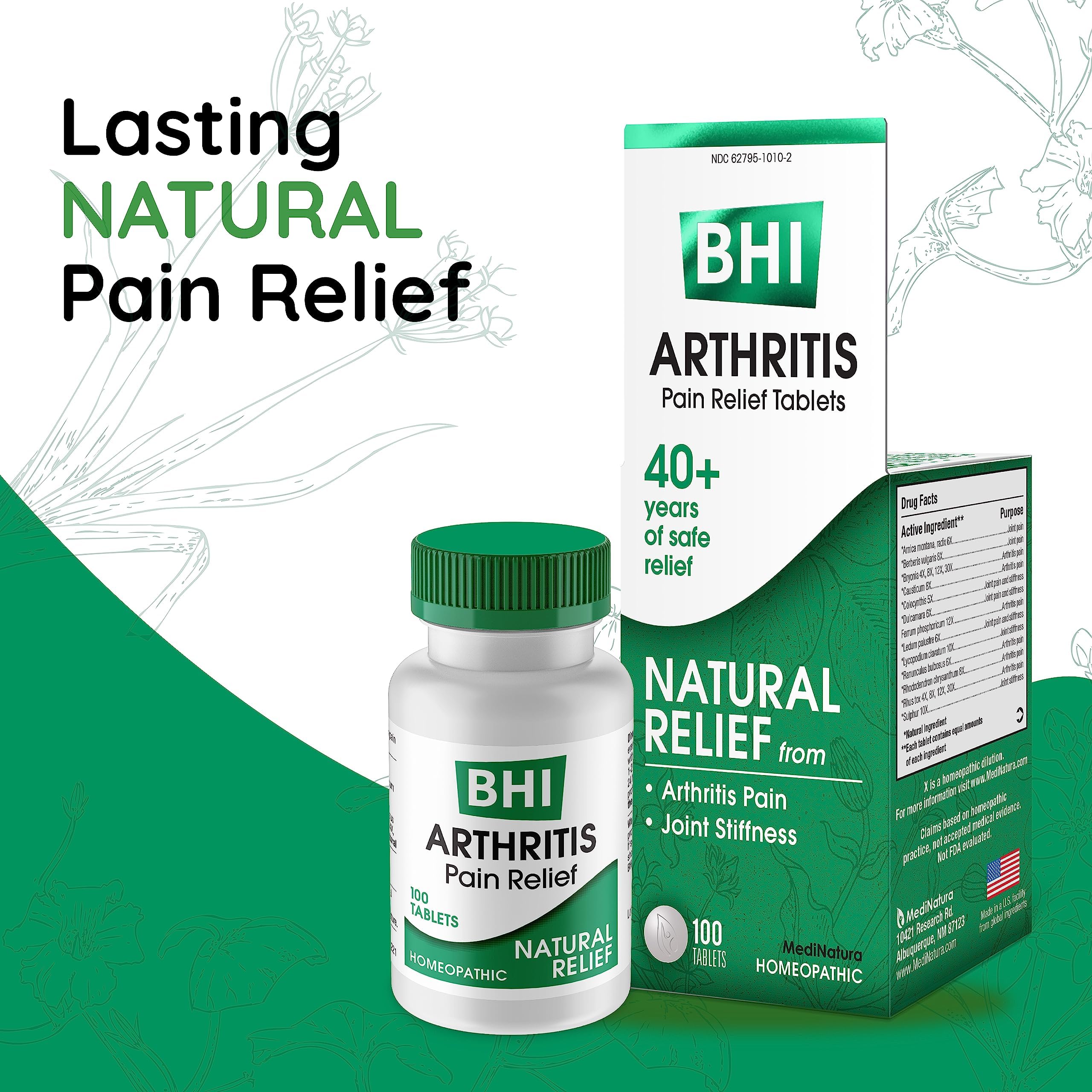 BHI Arthritis Pain Relief Daily Joint Health Support Arnica + 13 Natural Actives Homeopathic Plant & Mineral Blend Helps Relieve Minor Pain & Stiffness in Joints for Women & Men - 100 Tablets MediNatura Au supplements