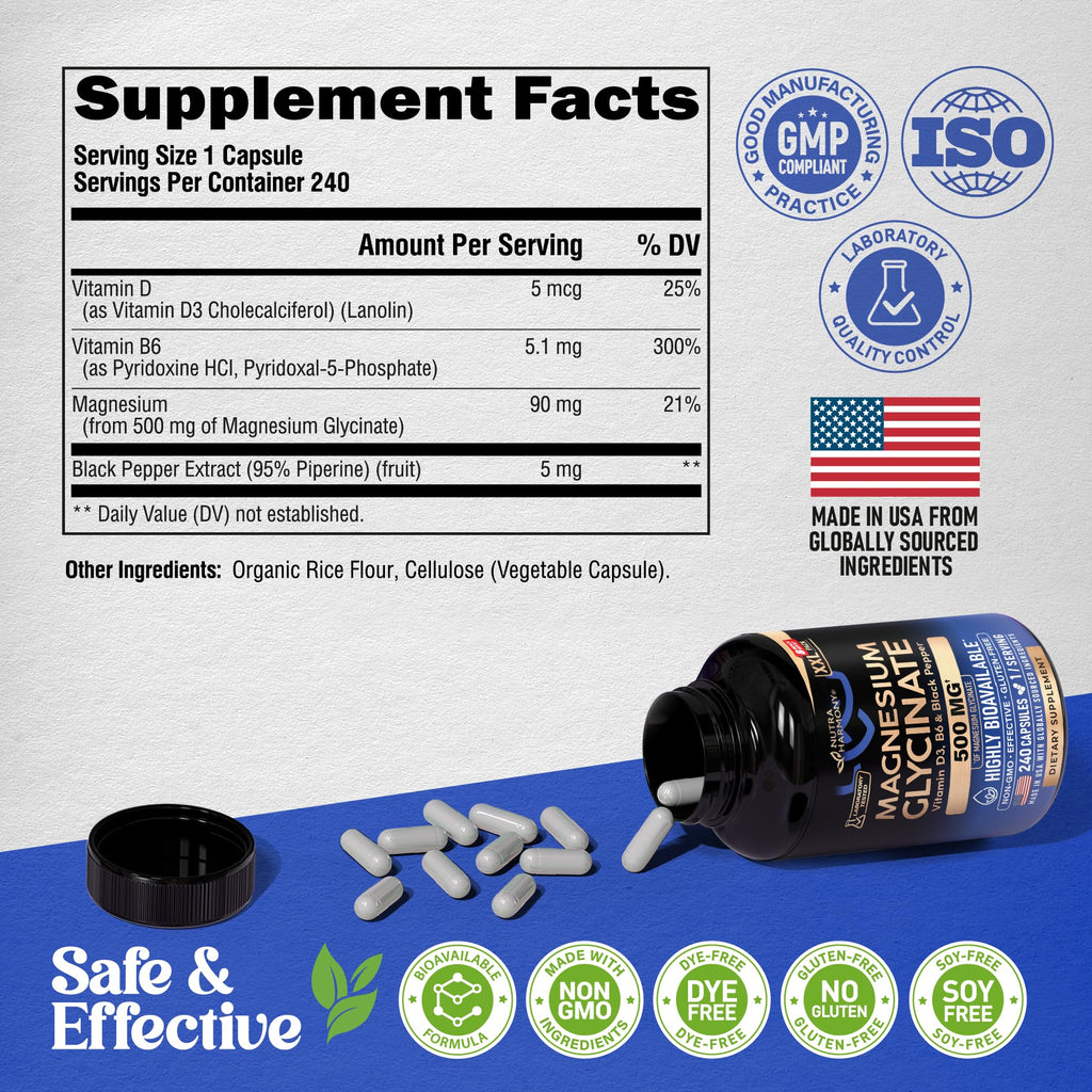 Magnesium Glycinate 500 mg - Chelated Supplement - High Absorption Form of Magnesium - Support for Sleep, Muscle & Heart Health