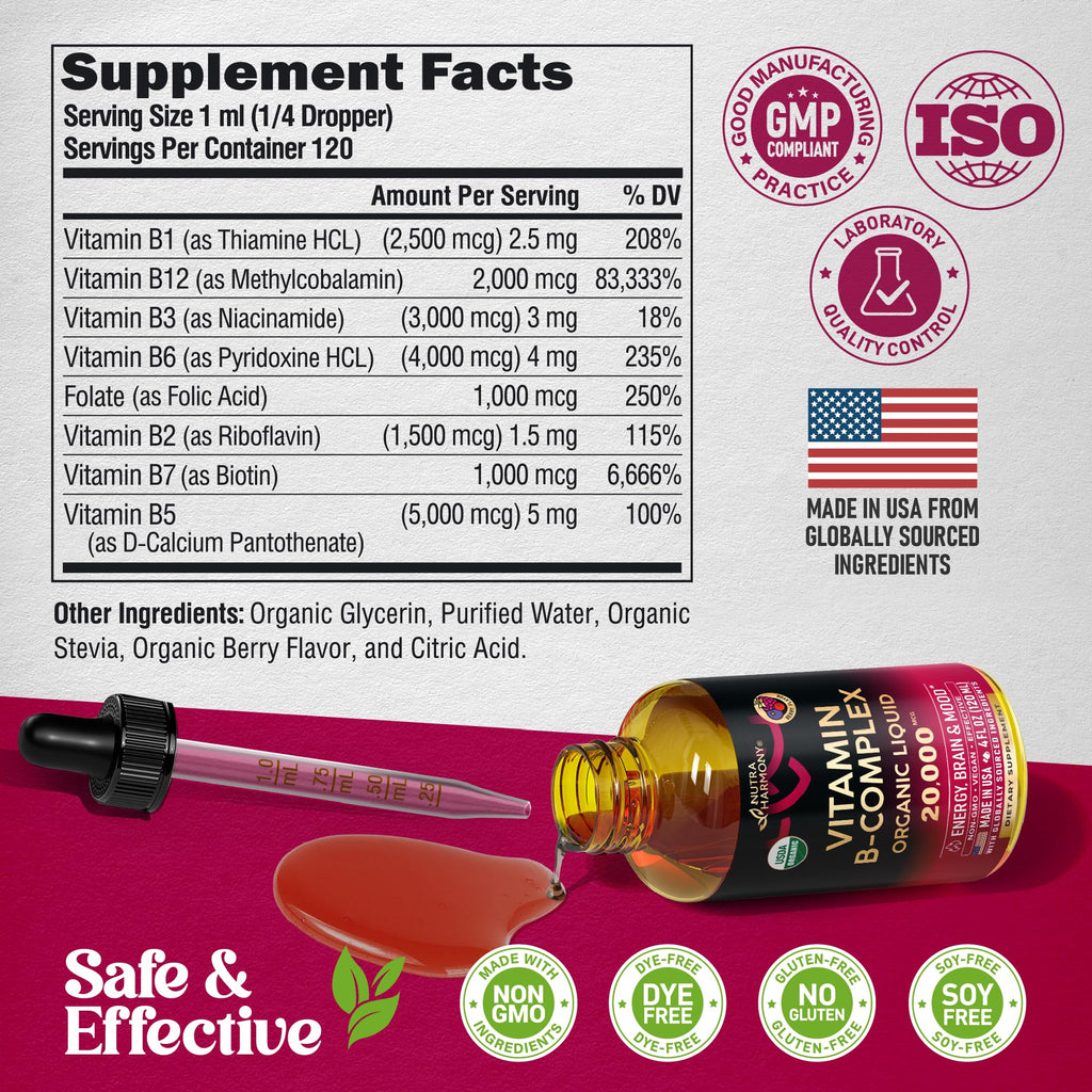USDA Organic Vitamin B-Complex B5 Pantothenic Acid | B12 Methylcobalamin | B1 Thiamine | B6 Pyridoxine | B7 Biotin | B9 Folic | B3 Niacinamide