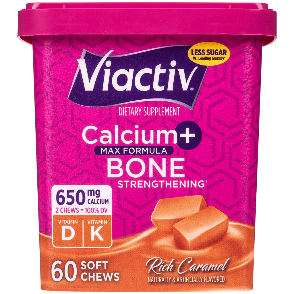 Viactiv Calcium + Vitamin D Supplement Soft Chews for Women & Men - Chewable Calcium for Bone Health Support, 650 mg per Serving, Vitamin D & K for High Absorption - 60 Count, Caramel Viactiv Au supplements