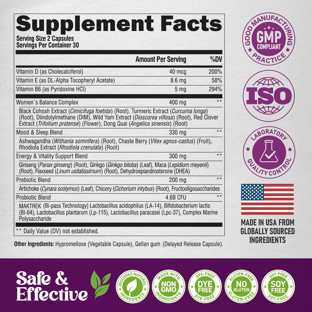Menopause Supplements for Women - Dong Quai, Black Cohosh, Pre & Probiotics - Sweats & Hot Flashes Relief - Digestion, Sleep & Mood Support - 25-in-1 Perimenopause Complex