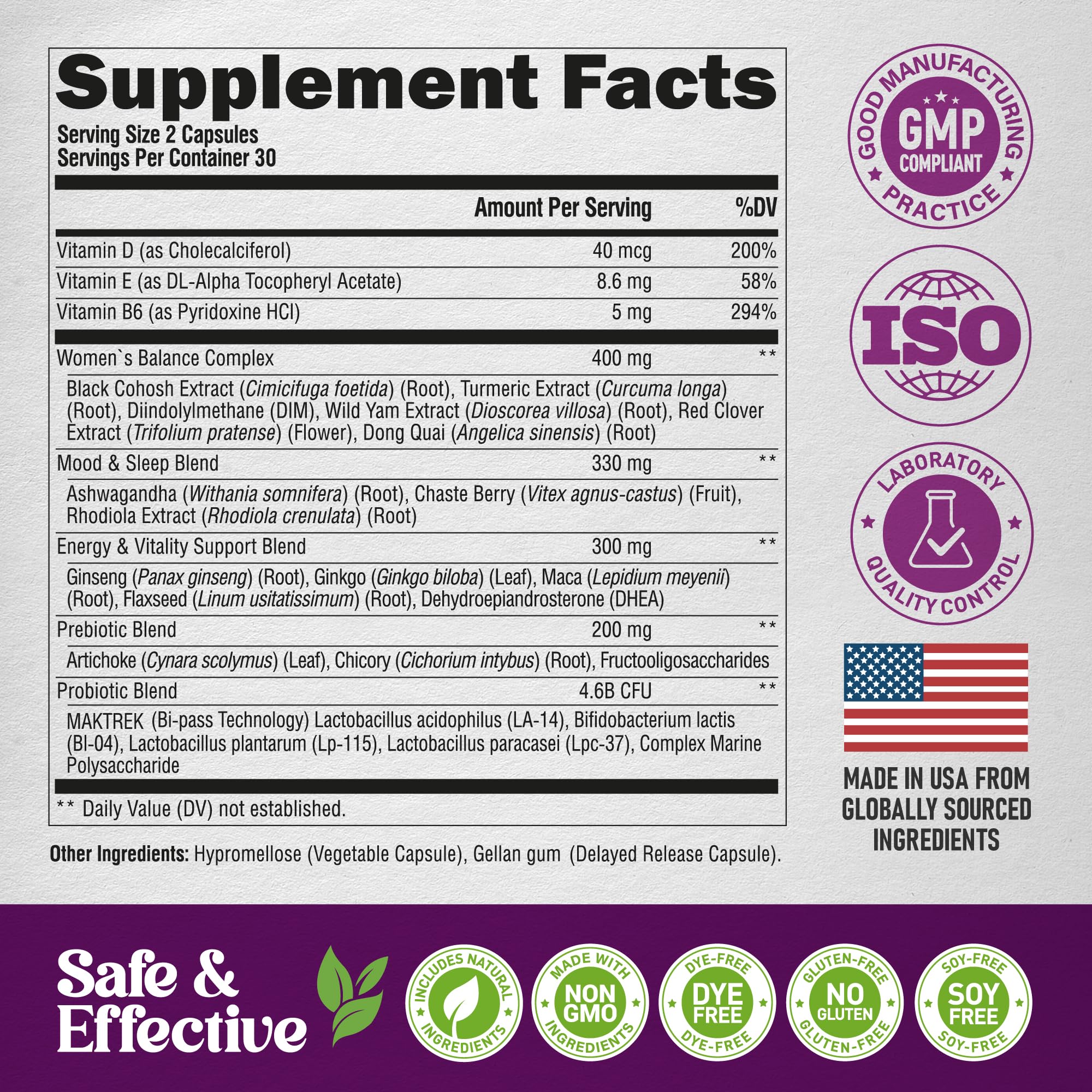 Menopause Supplements for Women - Dong Quai, Black Cohosh, Pre & Probiotics - Sweats & Hot Flashes Relief - Digestion, Sleep & Mood Support - 25-in-1 Perimenopause Complex