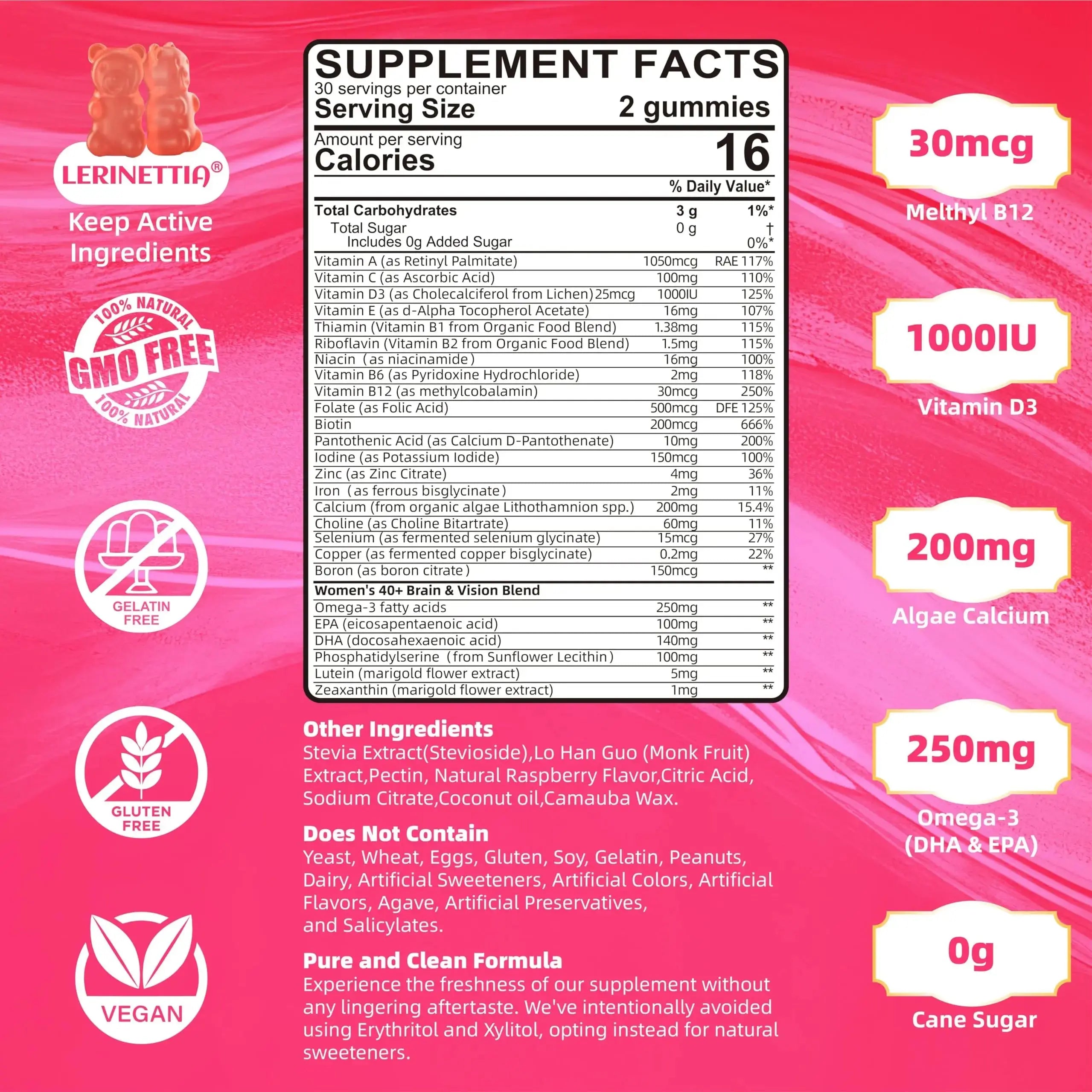 Multivitamin for Women Gummies for 40+ with Omega-3, Niacinamide, B-Complex, Lutein, Iron, Choline, Phosphatidylserine, Vitamin D3 Lerinettia Au supplements