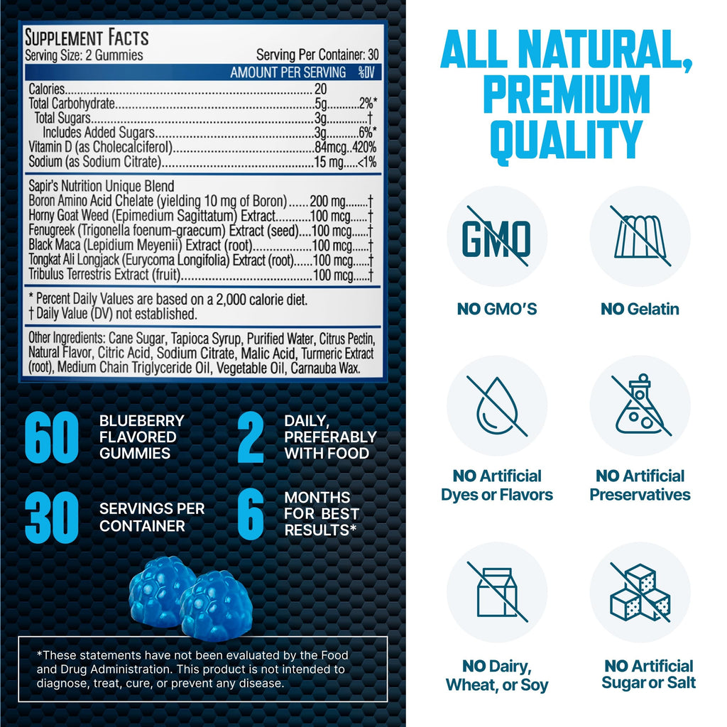 Testosterone Booster Gummies, Male Enhancing Supplement, Add 2 in” Enlargement Gummies for Men , Male Enhancement Chews Energy, Strength, Stamina, Endurance, Performance, Natural Blue Berry Chews Sapir's Nutrition Au supplements