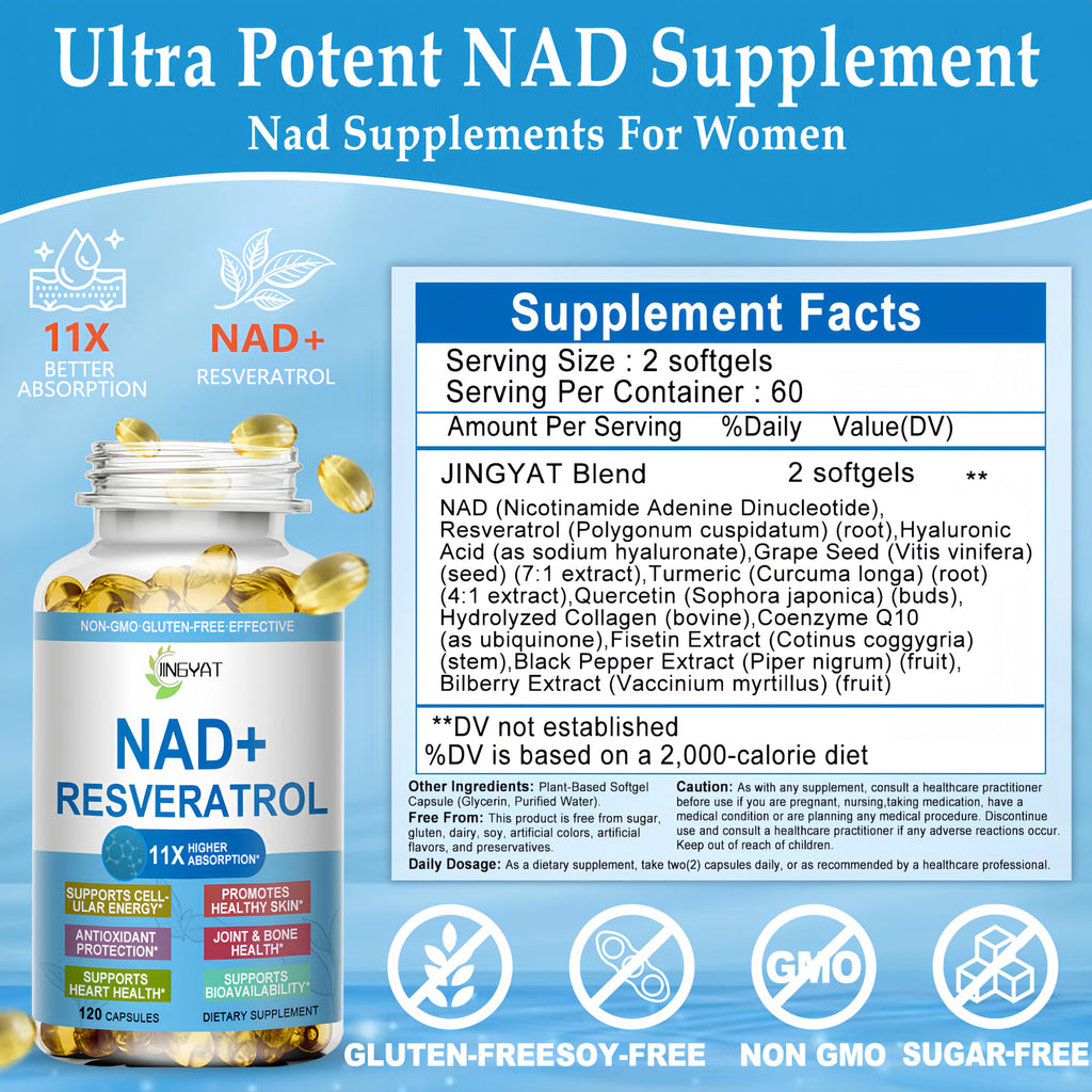 JINGYAT 11-in-1 NAD Supplement with Resveratrol, CoQ10, Quercetin, Collagen, Grape Seed for Cellular Energy, Mental Focus & Antioxidant Support - NAD Supplement for Women & Men, 120 Soft Capsules JINGYAT Au supplements