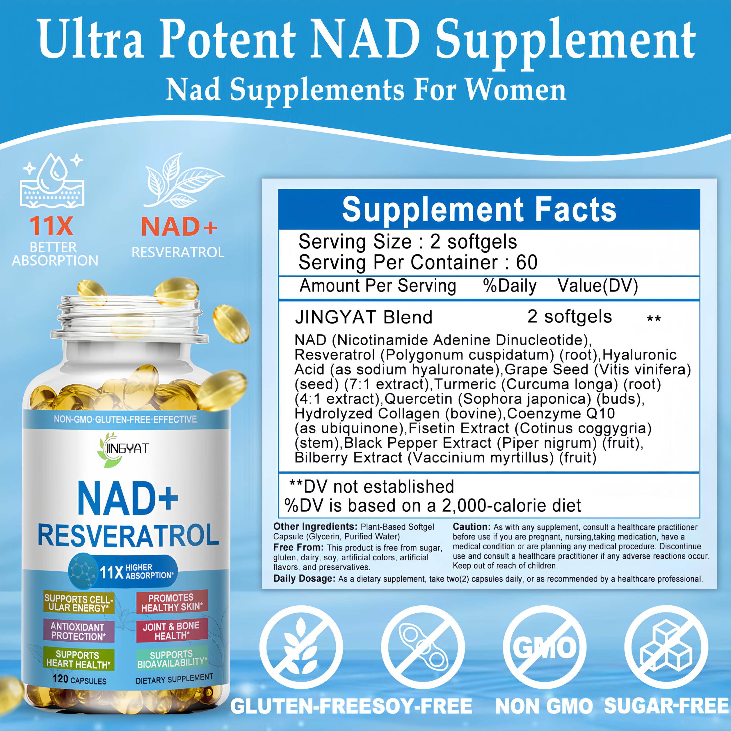 JINGYAT 11-in-1 NAD Supplement with Resveratrol, CoQ10, Quercetin, Collagen, Grape Seed for Cellular Energy, Mental Focus & Antioxidant Support - NAD Supplement for Women & Men, 120 Soft Capsules JINGYAT Au supplements