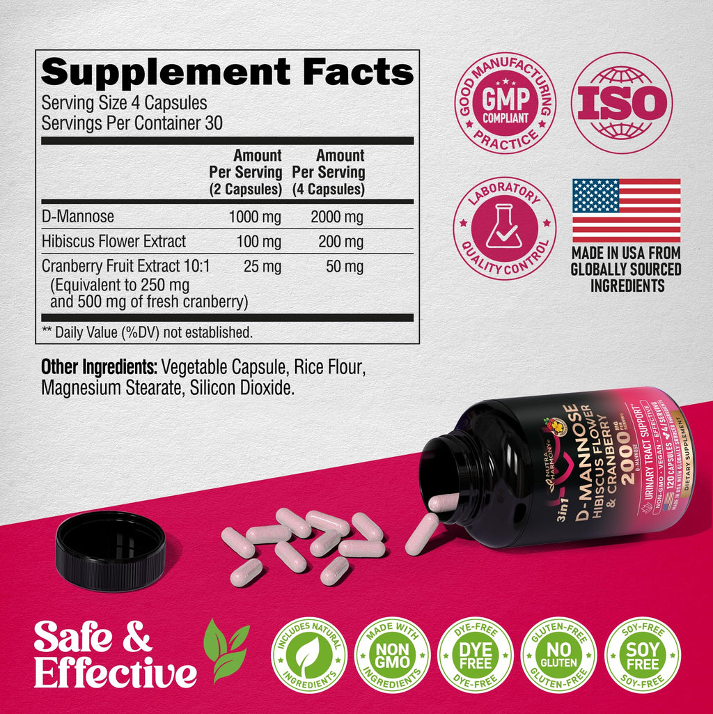 D-Mannose 2000mg with Cranberry & Hibiscus - Clinically Tested Strength for Urinary Tract Health - Supplement for Women - Bladder, Liver & Microflora Support - Made in USA - Vegan, 120 Capsules NUTRAHARMONY Au supplements