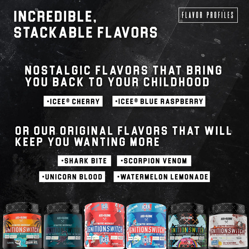 Ignition Switch Pre-Workout with CarnoSyn, TeaCrine, Infinergy, and AgmaMax, Long Lasting Axe & Sledge Au supplements