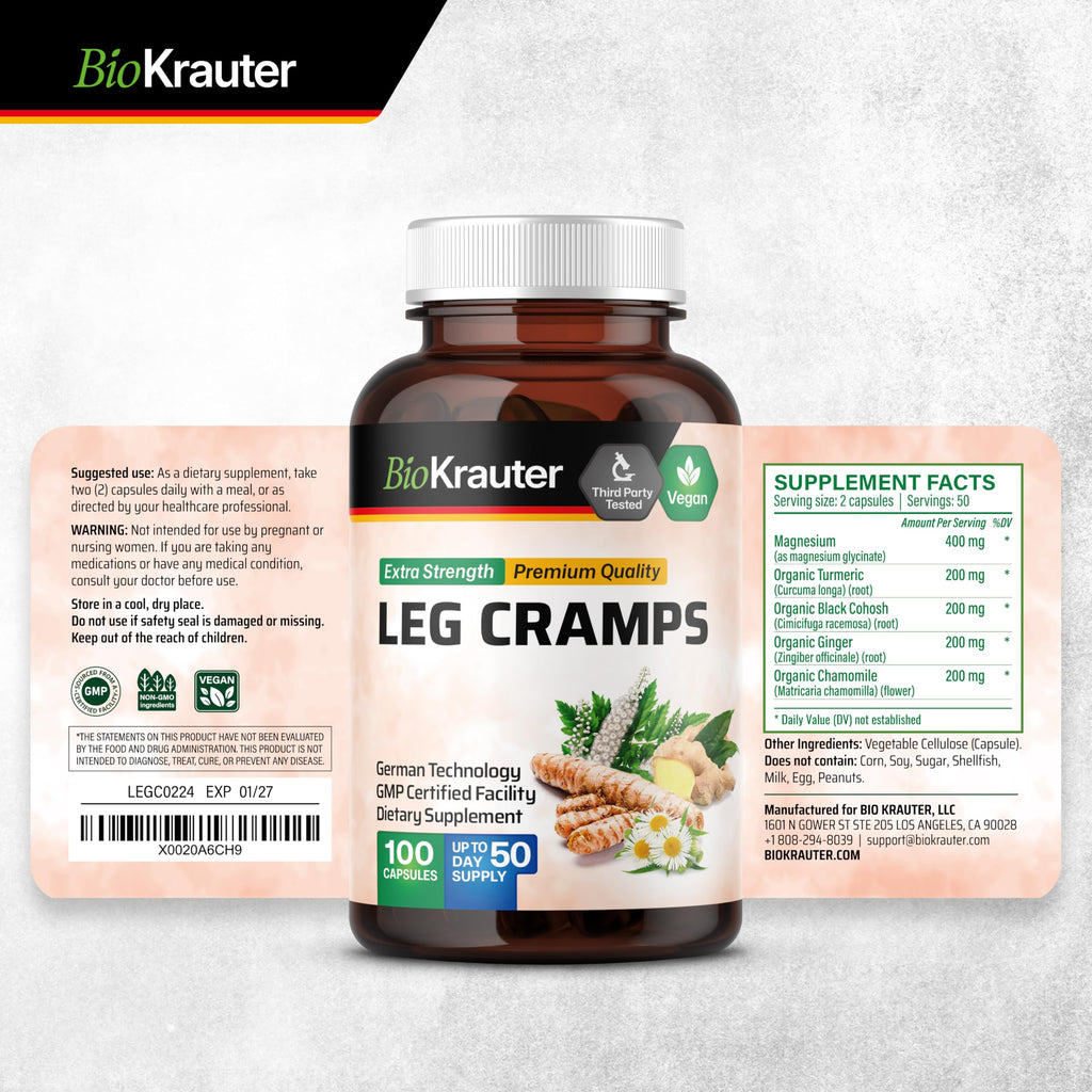 BIO KRAUTER® Magnesium Glycinate for Leg Сramps & Relax - 5-in-1 Formula Magnesium Glycinate 400mg with Turmeric, Black Cohosh, Ginger, Chamomile 1200 mg 100 Caps - No Fillers, Non-GMO, 50-Day Supply BIO KRAUTER Au supplements