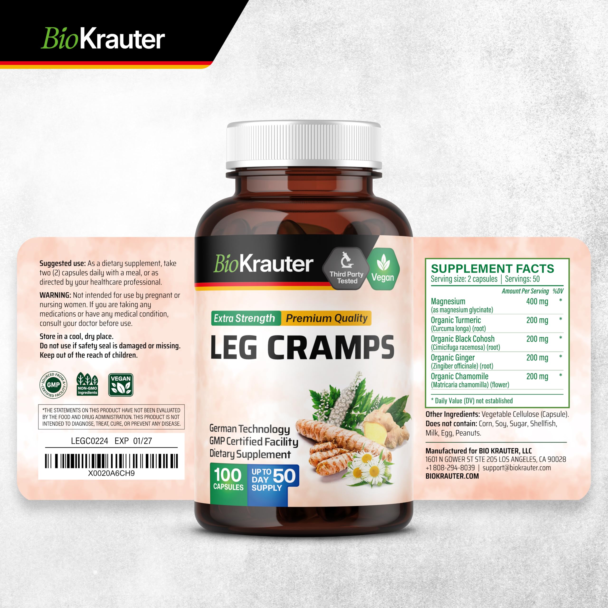 BIO KRAUTER® Magnesium Glycinate for Leg Сramps & Relax - 5-in-1 Formula Magnesium Glycinate 400mg with Turmeric, Black Cohosh, Ginger, Chamomile 1200 mg 100 Caps - No Fillers, Non-GMO, 50-Day Supply BIO KRAUTER Au supplements