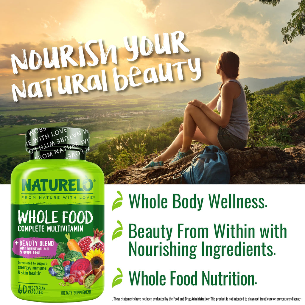 NATURELO Whole Food Multivitamin with Extra Hair, Skin and Nails Support - Beauty Blend with Hyaluronic Acid & Grape Seed - High Potency Biotin, Vitamin C