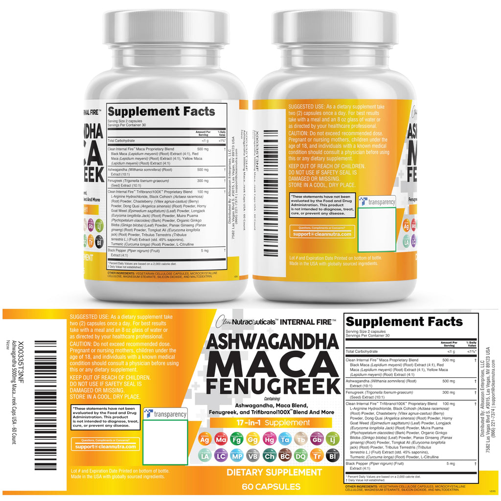 Clean Nutraceuticals Ashwagandha Maca Root Fenugreek Supplement with Tongkat Ali Ginseng - Assists with Stress, Mood & Thyroid - Ashwagandha Capsules Fenugreek Caps - 1 Pack Clean Nutraceuticals Au supplements