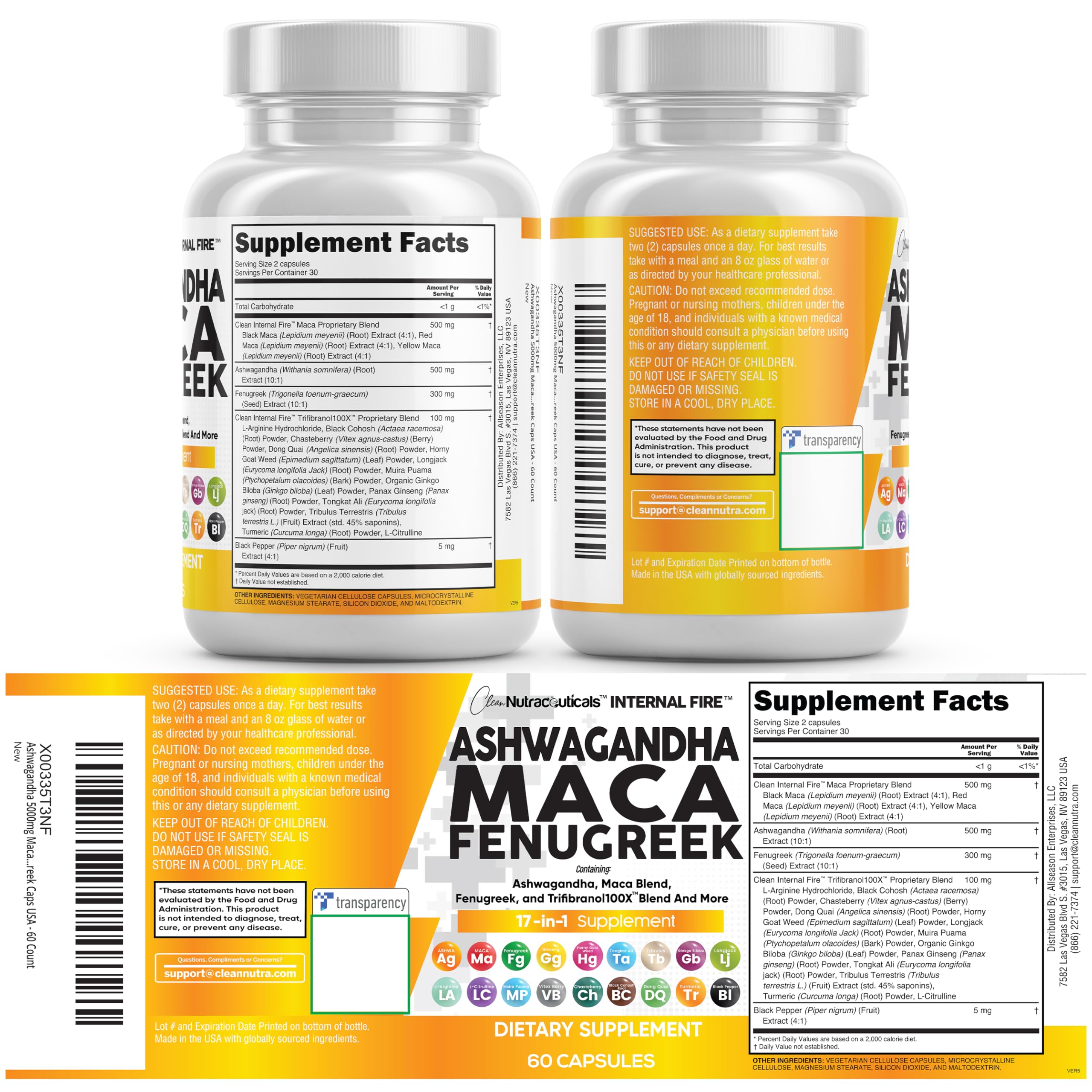 Clean Nutraceuticals Ashwagandha Maca Root Fenugreek Supplement with Tongkat Ali Ginseng - Assists with Stress, Mood & Thyroid - Ashwagandha Capsules Fenugreek Caps - 1 Pack Clean Nutraceuticals Au supplements
